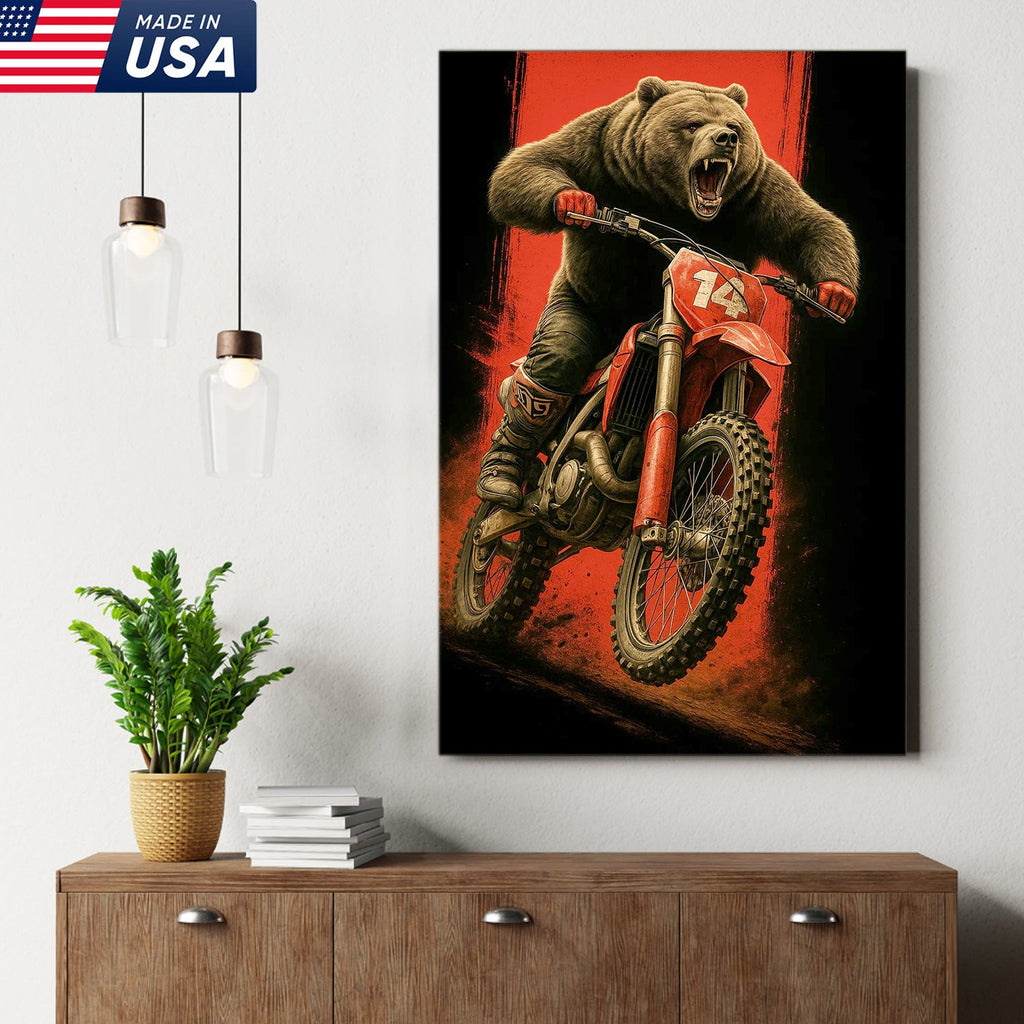 Motocross Bear Wall Art Canvas, Fierce Dirt Bike Racing Bear Print