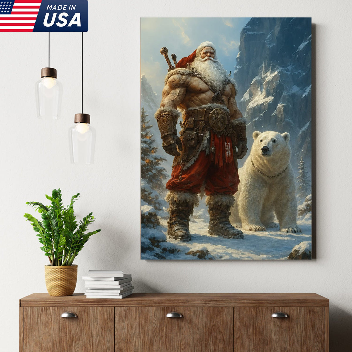 Viking Santa with Polar Bear Canvas Wall Art, Epic Christmas Warrior Decor