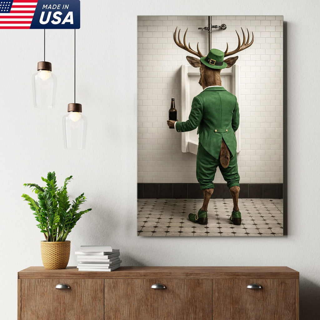 Funny Deer Canvas Wall Art, Leprechaun Buck Bathroom Humor Print