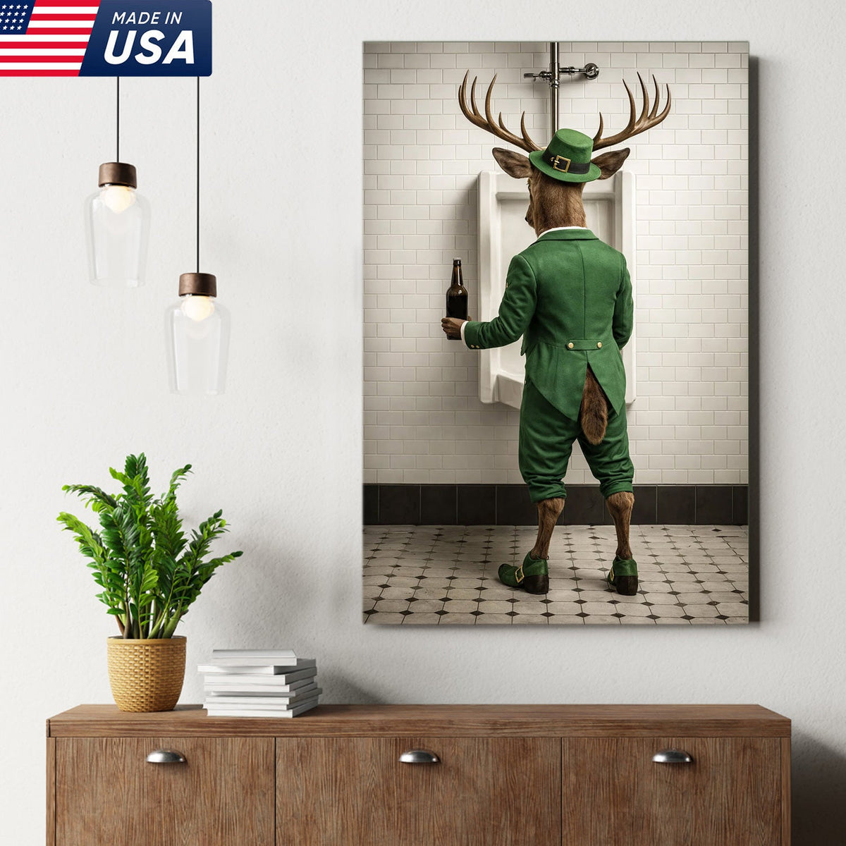 Funny Deer Canvas Wall Art, Leprechaun Buck Bathroom Humor Print