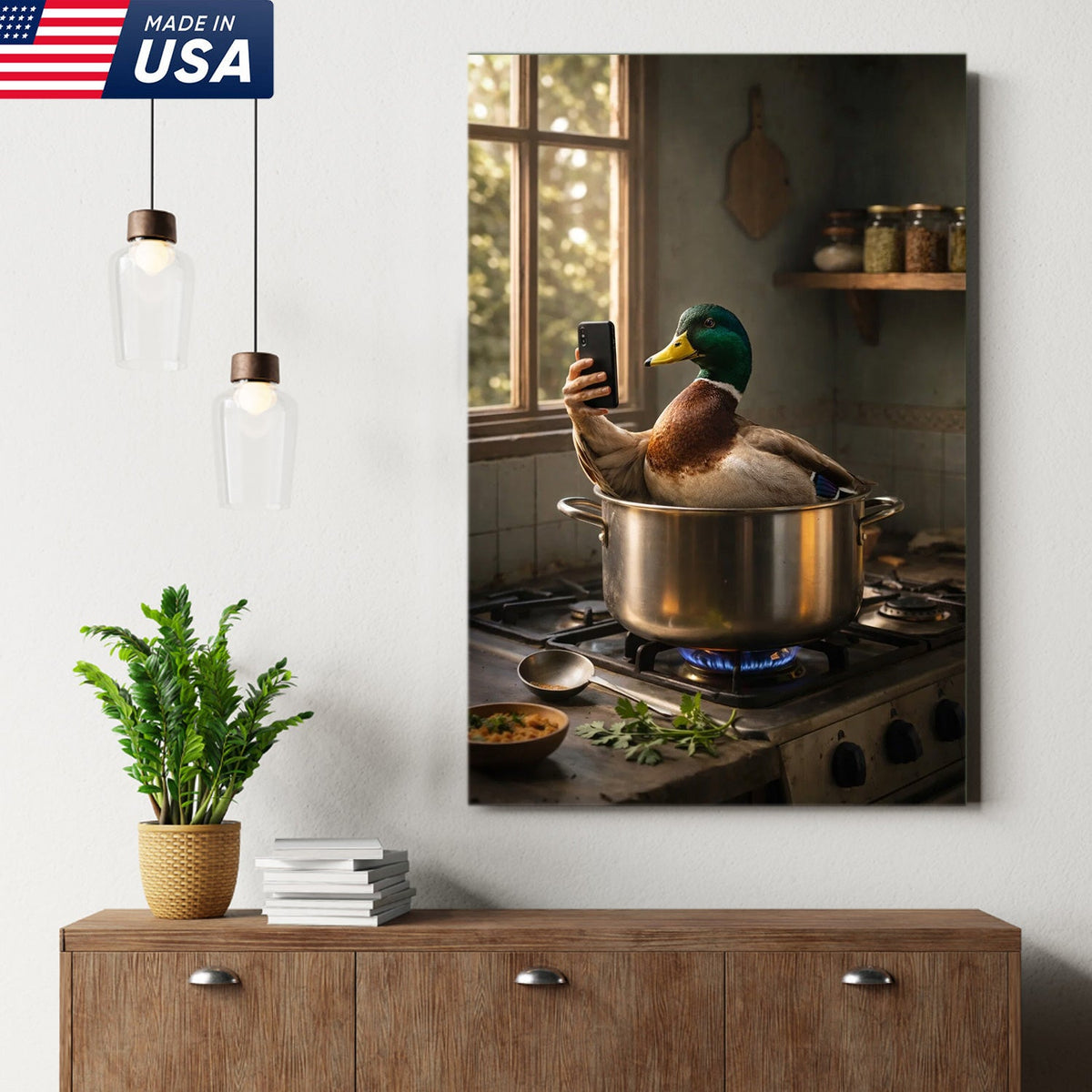 Funny Duck Cooking Selfie Canvas Wall Art, Whimsical Kitchen Animal Illustration