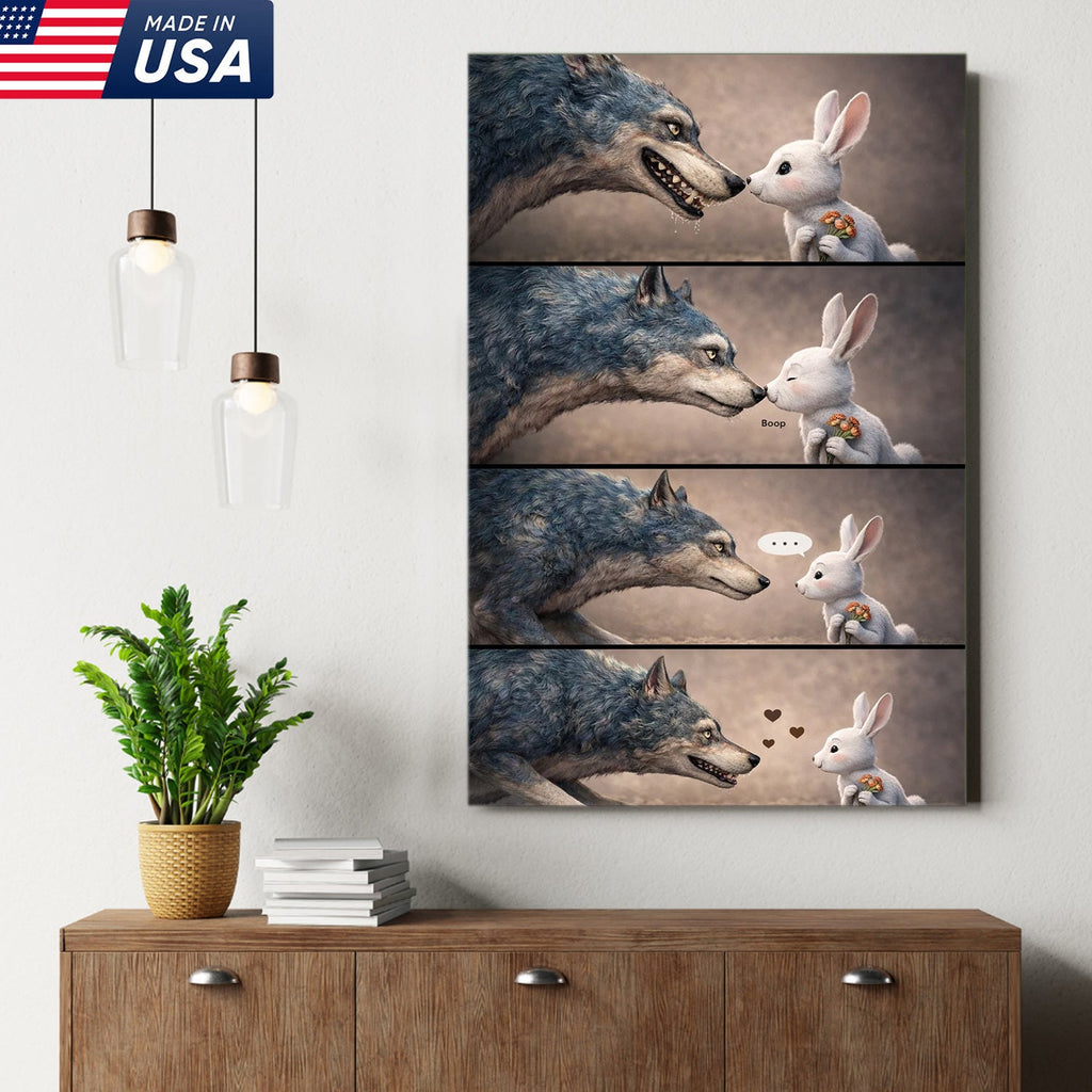 Cute Wolf and Bunny Comic Canvas Print, Whimsical Animal Love Story Wall Art Decor