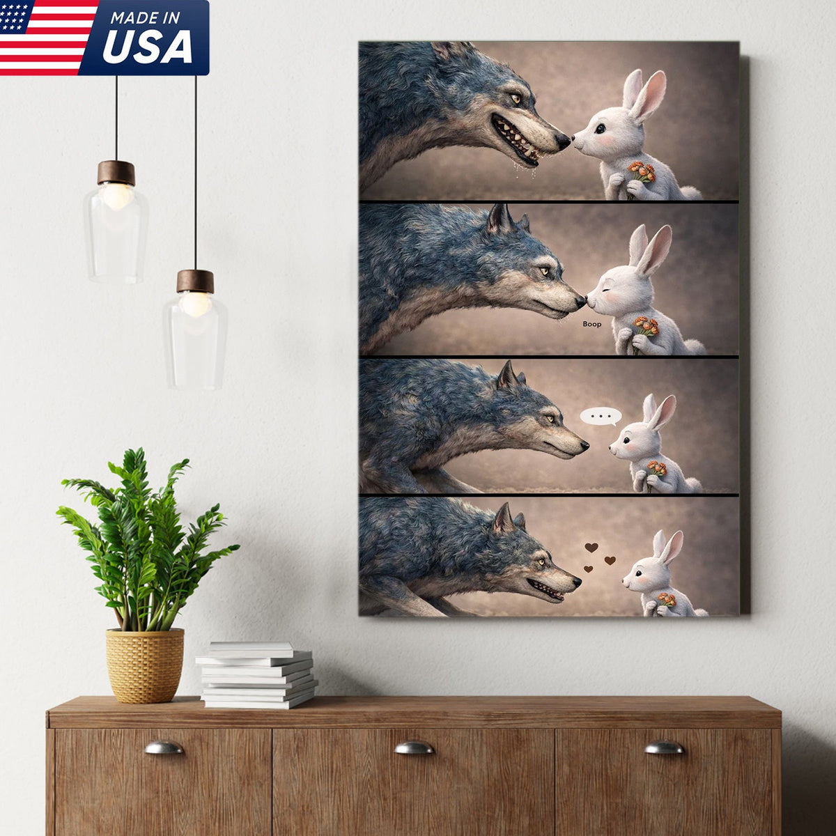 Cute Wolf and Bunny Comic Canvas Print, Whimsical Animal Love Story Wall Art Decor