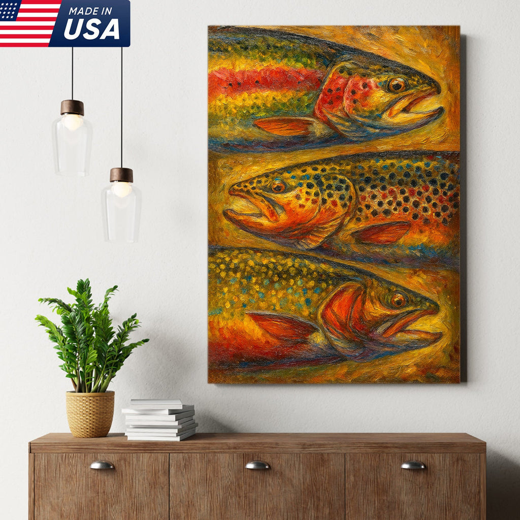 Trout Oil Painting Canvas Wall Art – Rustic Fishing Lodge Decor Gift for Anglers & Nature Lovers