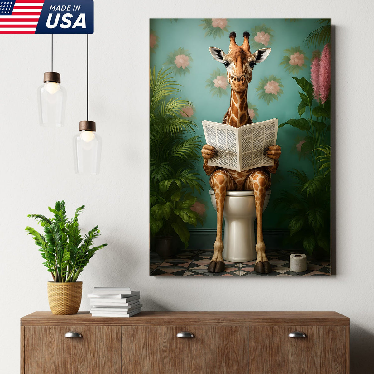 Funny Giraffe Bathroom Canvas Wall Art, Whimsical Animal Reading Newspaper Print