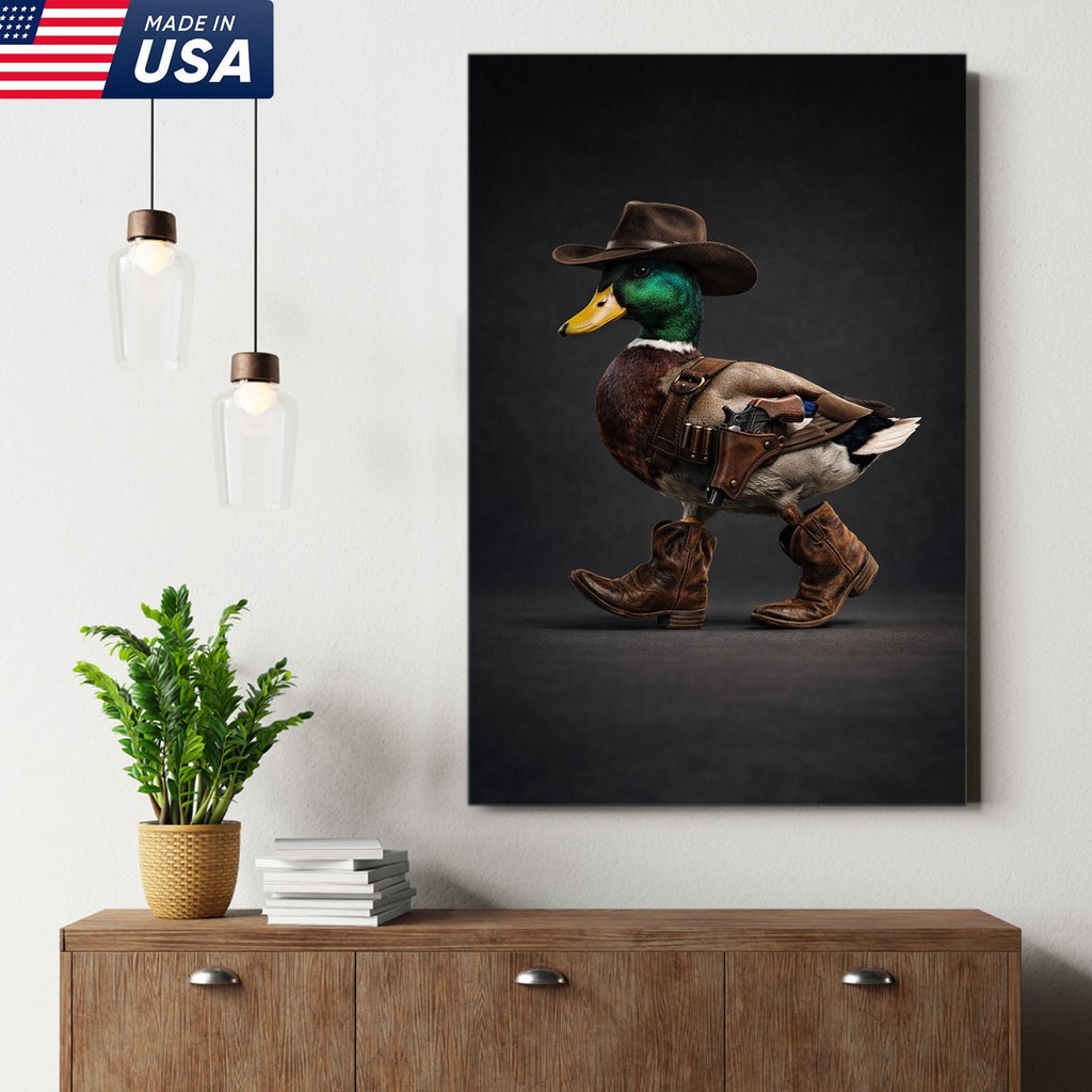 Funny Western Duck Canvas – Cowboy Duck Wall Art – Hunting Decor