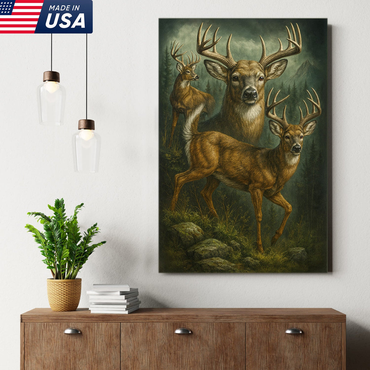 Whitetail Deer Trio Canvas Wall Art, Majestic Bucks in Forest Scene, Perfect Hunting Lodge
