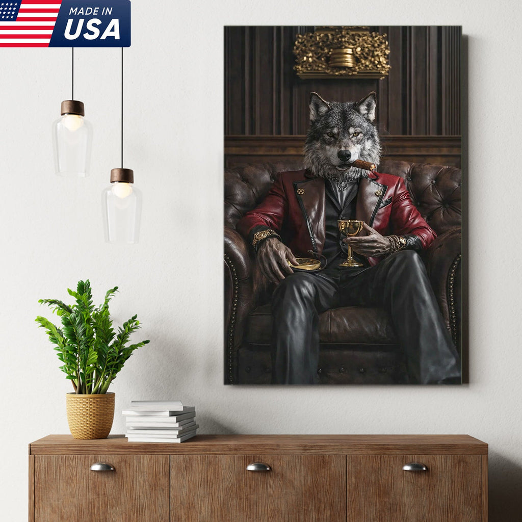 Luxury Alpha Wolf Canvas Wall Art, Aristocratic Wolf Gentleman Portrait