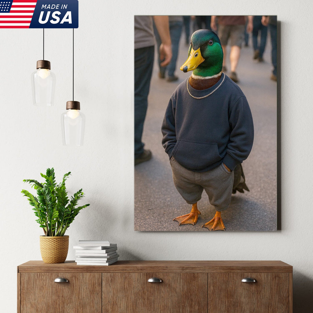 Funny Duck Canvas Wall Art, Cool Mallard in Hoodie Streetwear Poster
