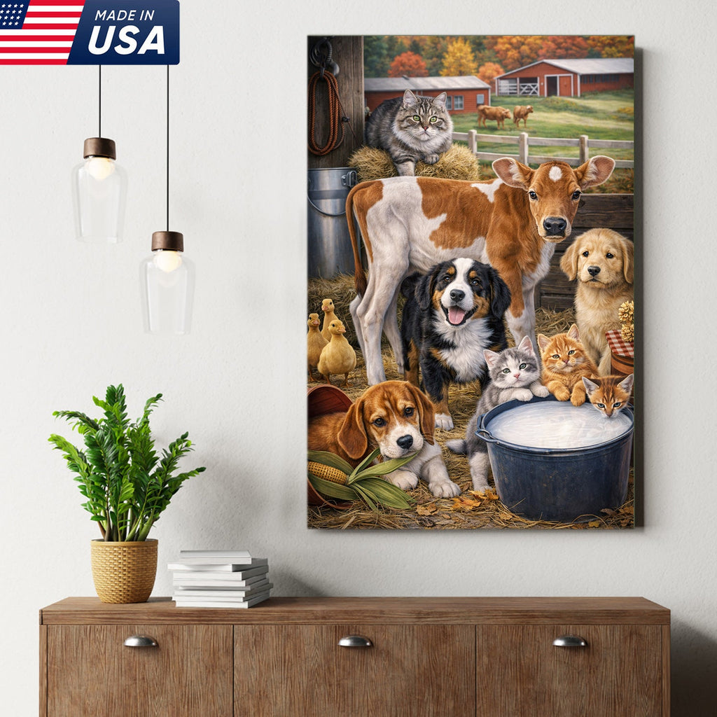 Farm Animals Canvas Wall Art – Cute Barn Animal Painting Cow Dog Cat Farm Decor