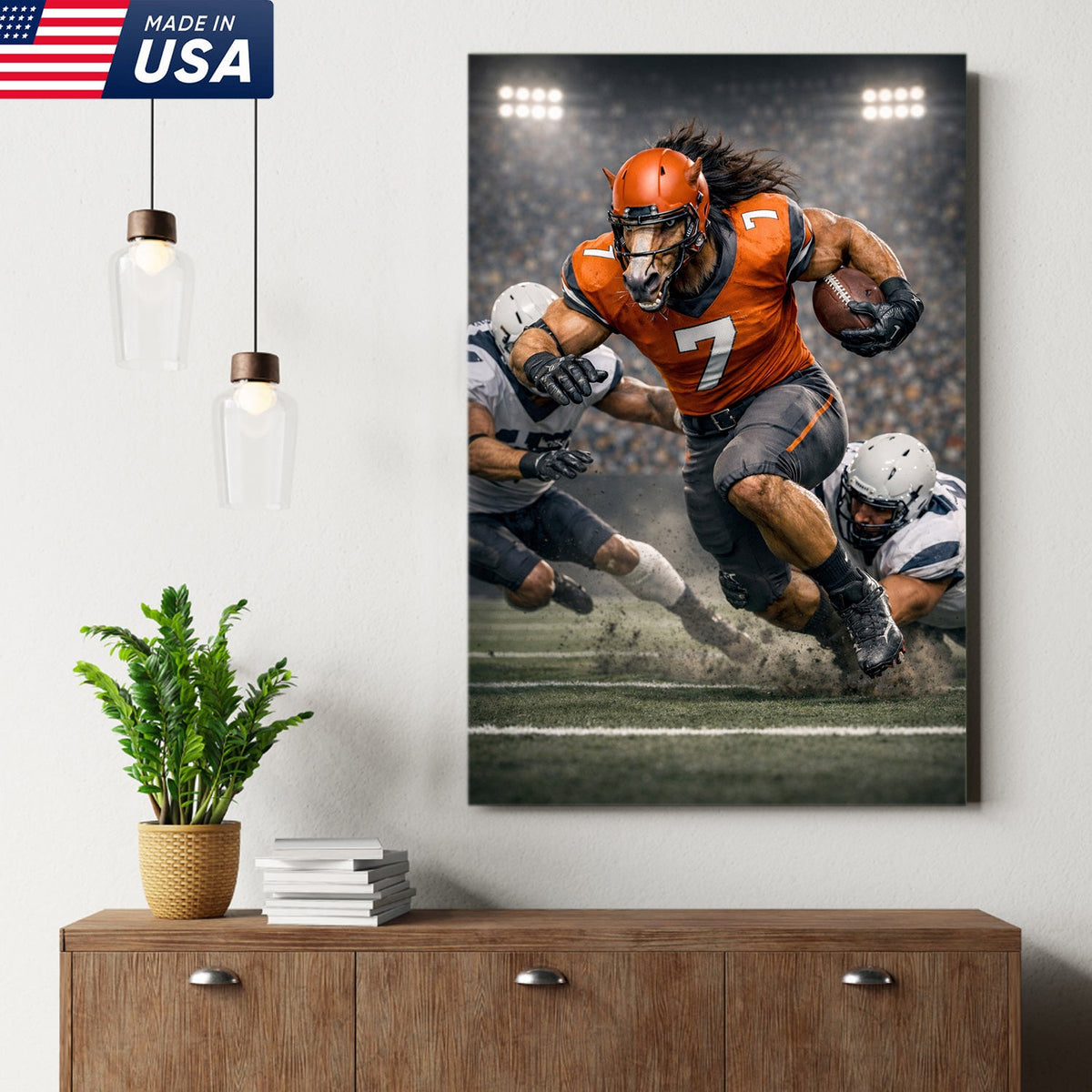 Wild Stallion Football Canvas Wall Art – Powerful Horse Athlete Stadium Action Print