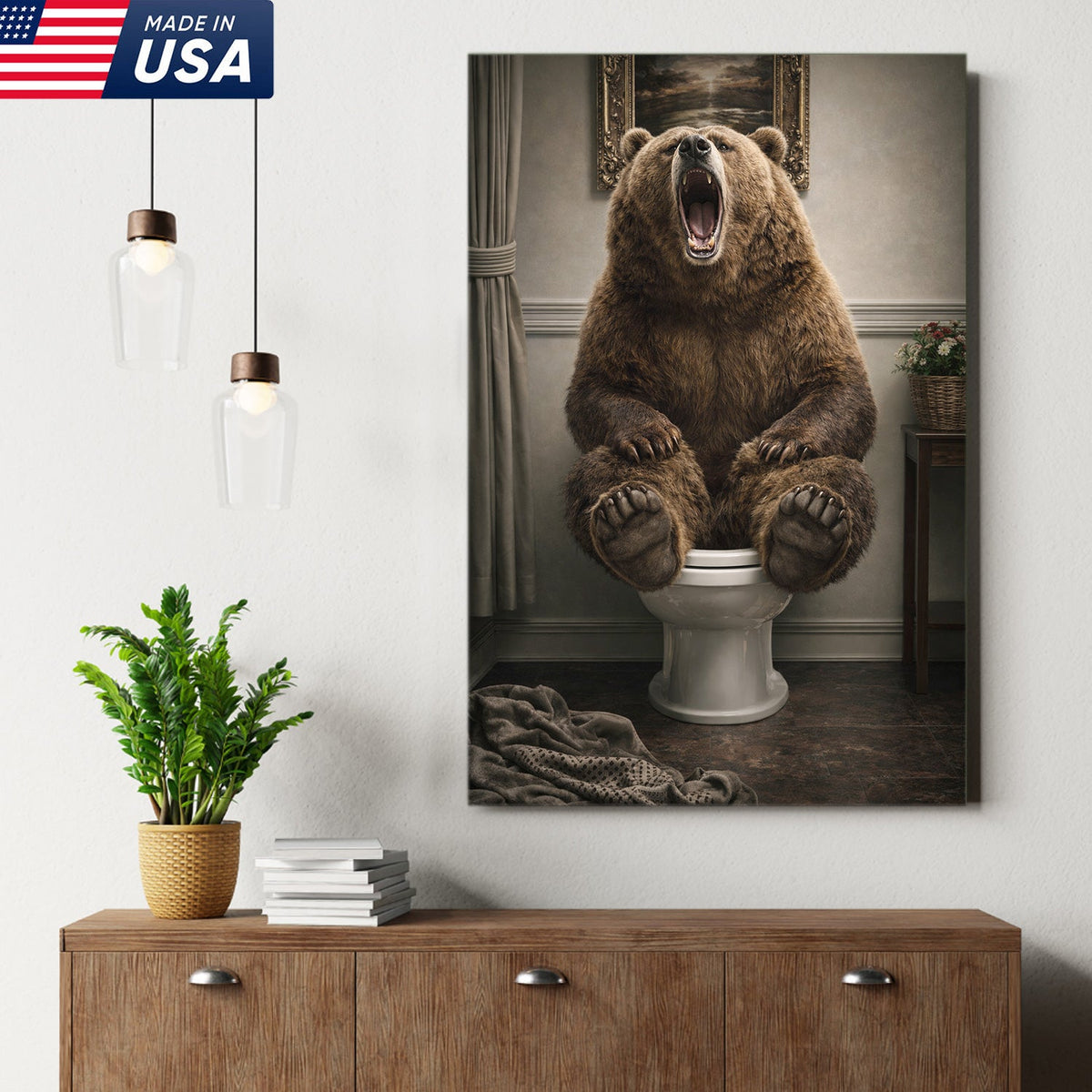Funny Roaring Bear Bathroom Canvas Wall Art – Bear On Toilet Painting