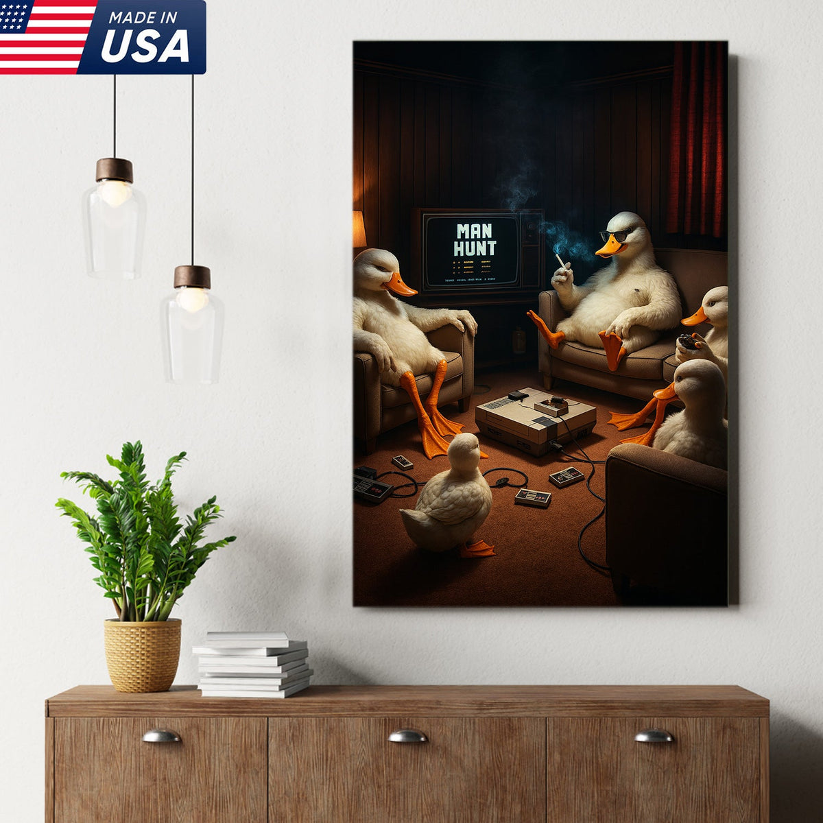 Gaming Ducks Retro Scene Canvas – Dark Humor Surreal Wall Art for Man Cave Decor