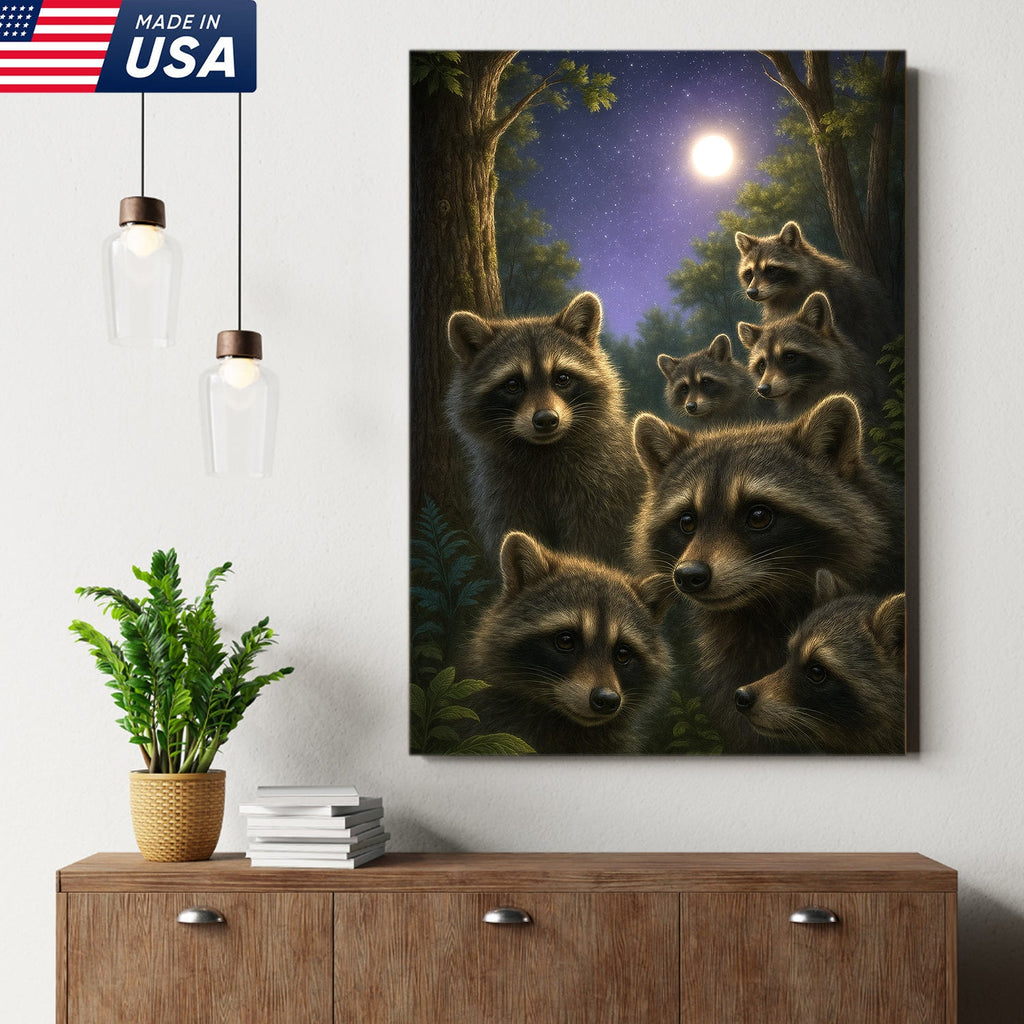 Raccoons Under Full Moon Canvas – Woodland Night Scene, Rustic Lodge Wall Art