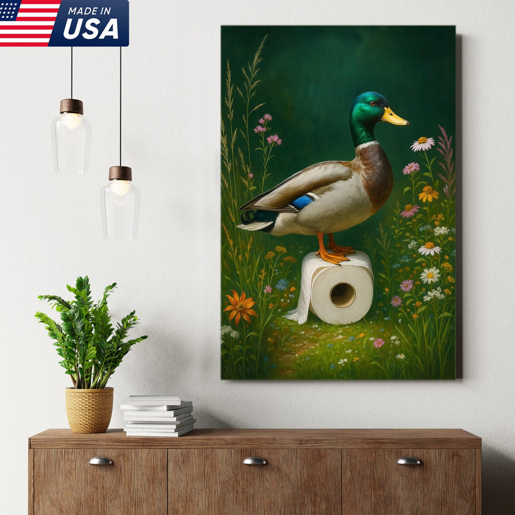 Duck on Toilet Paper Canvas Wall Art, Funny Bathroom Decor with Wildflowers