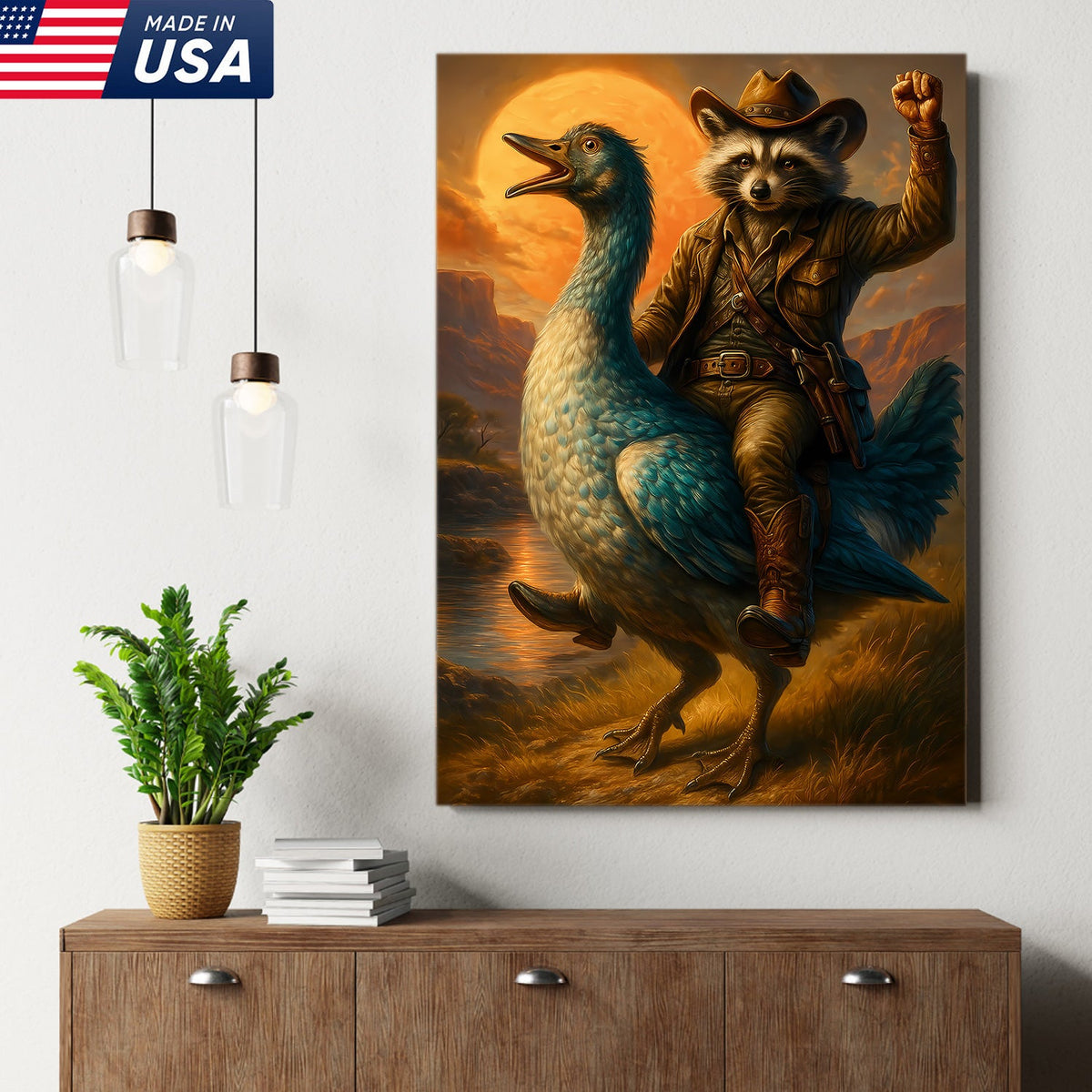 Raccoon Cowboy Riding Goose Canvas – Funny Western Wall Art for Hunters & Animal Lovers
