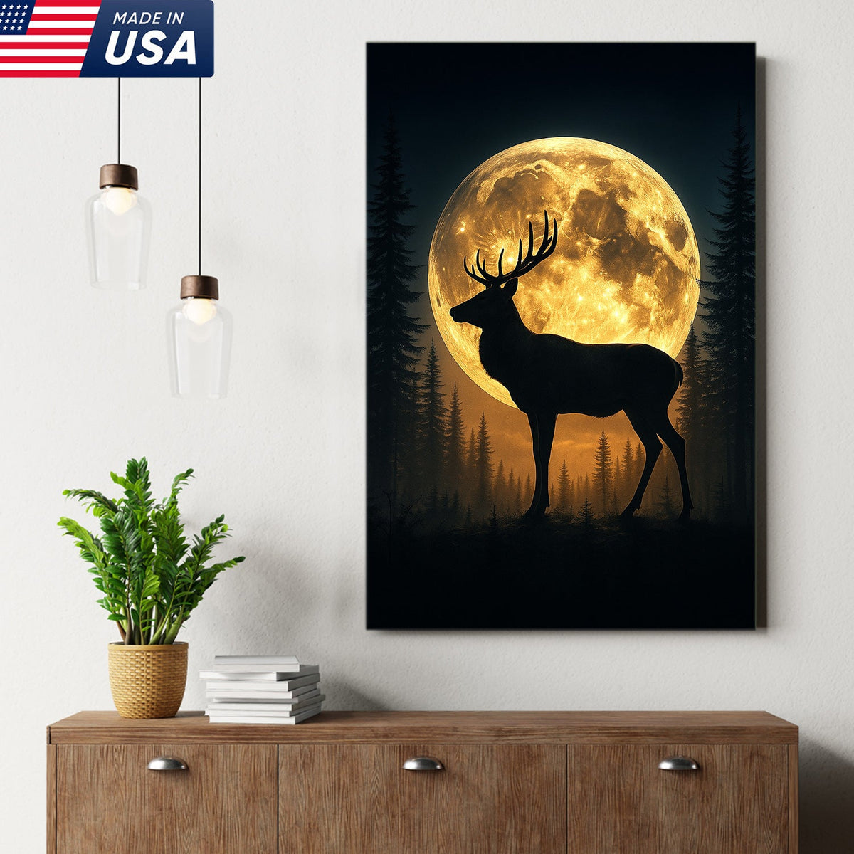 Moonlit Deer Silhouette Canvas – Rustic Forest Wall Art for Cabin & Lodge Decor