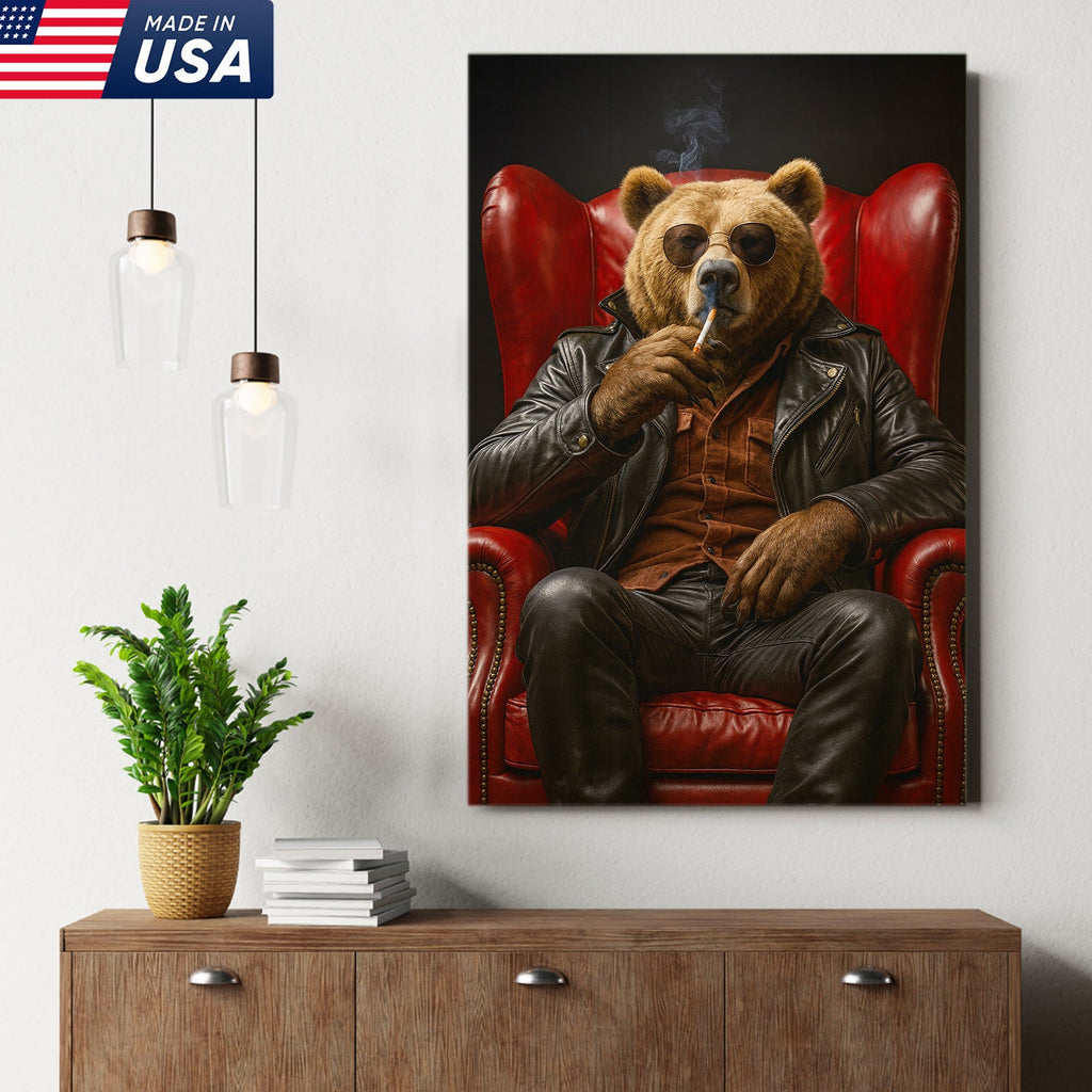 Cool Smoking Bear Wall Art Canvas – Badass Leather Chair Bear Canvas Print for Man Cave Decor