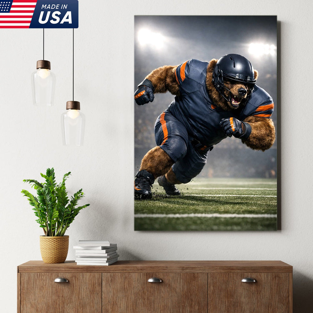 Raging Grizzly Football Canvas Wall Art – Powerful Bear Athlete Stadium Action Print