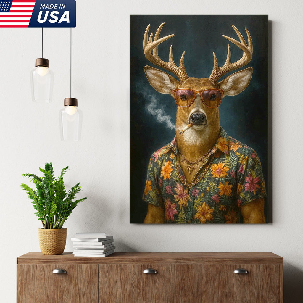 Cool Deer Smoking Canvas Wall Art, Funny Animal Portrait Artwork, Retro Hunter Gift Decor