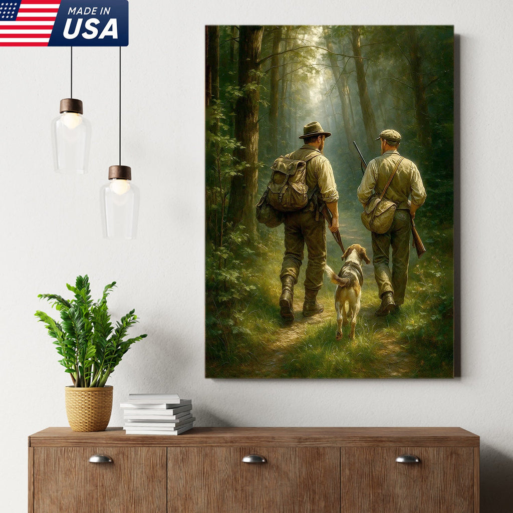 Hunting Canvas Wall Art – Hunters Walking with Dog in Forest – Rustic Cabin Decor