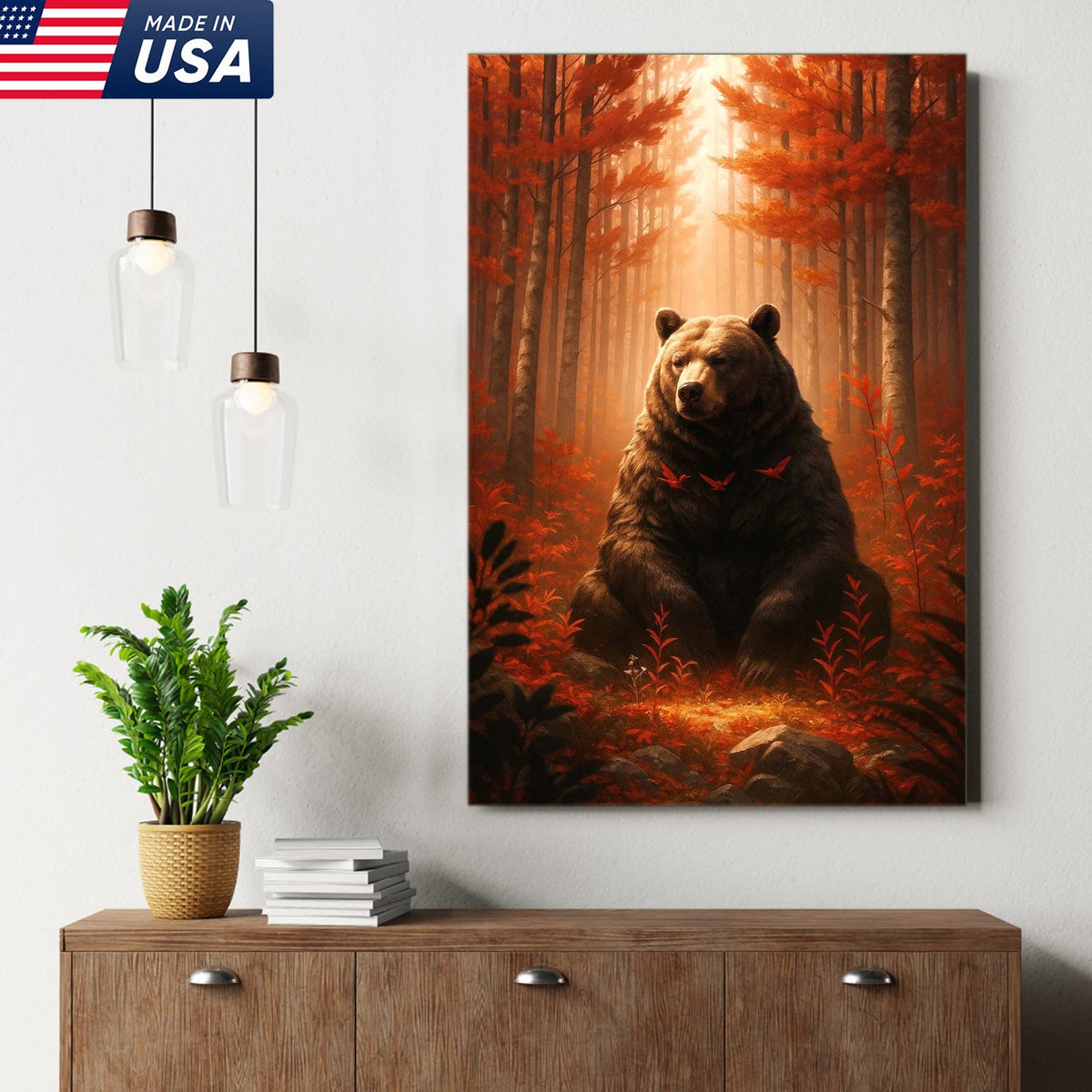 Autumn Forest Bear Canvas Wall Art, Majestic Brown Bear in Fall Woodland