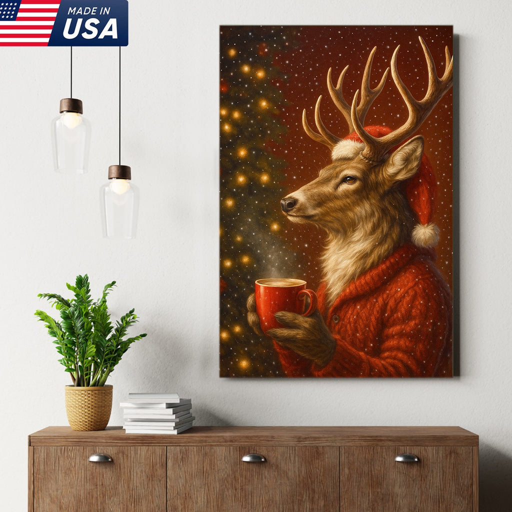 Christmas Deer Drink Coffee In Cozy Sweater Canvas Wall Art - Holiday Cabin Decor