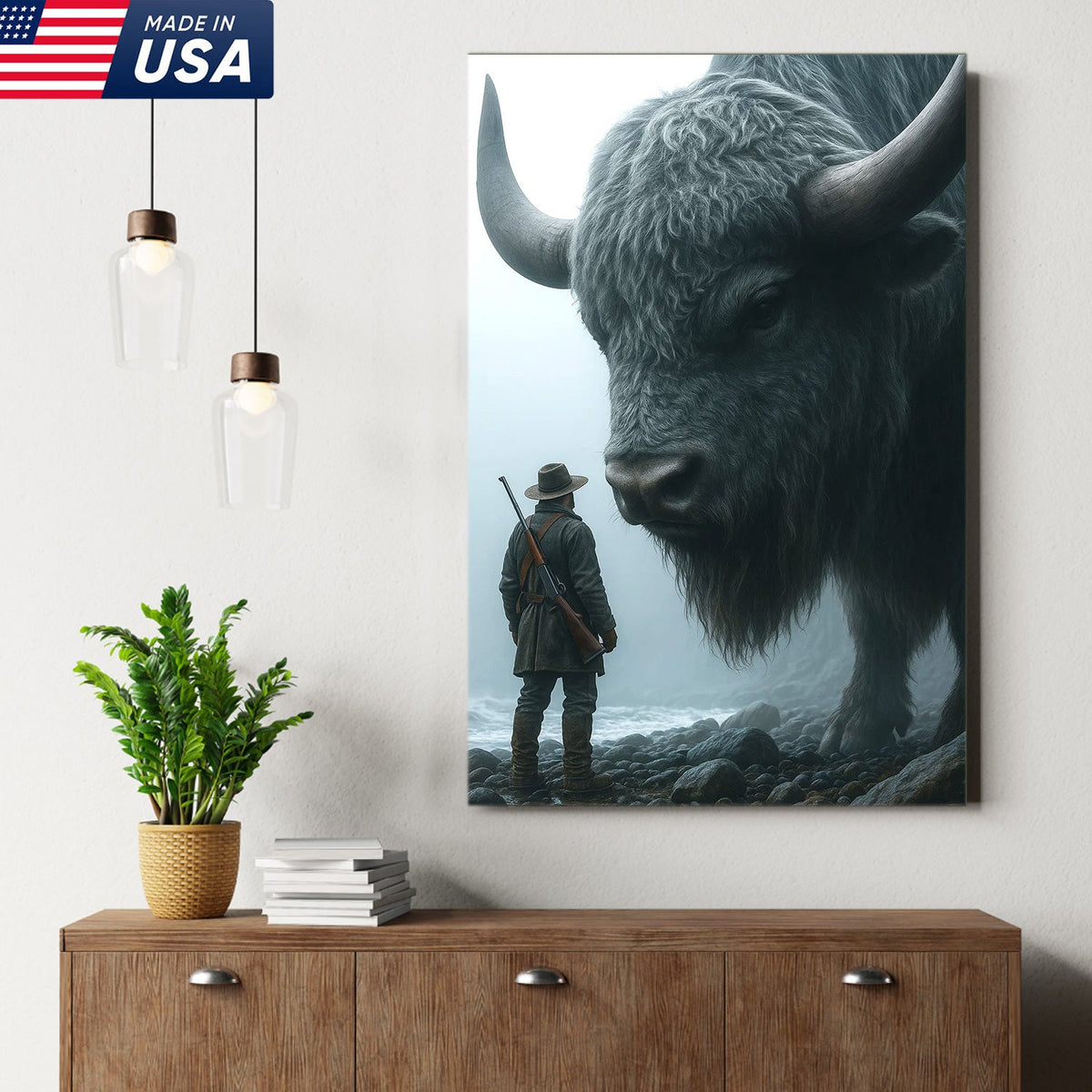 Giant Bison and Cowboy Wall Art Canvas, Western Hunter Standing by Buffalo Print