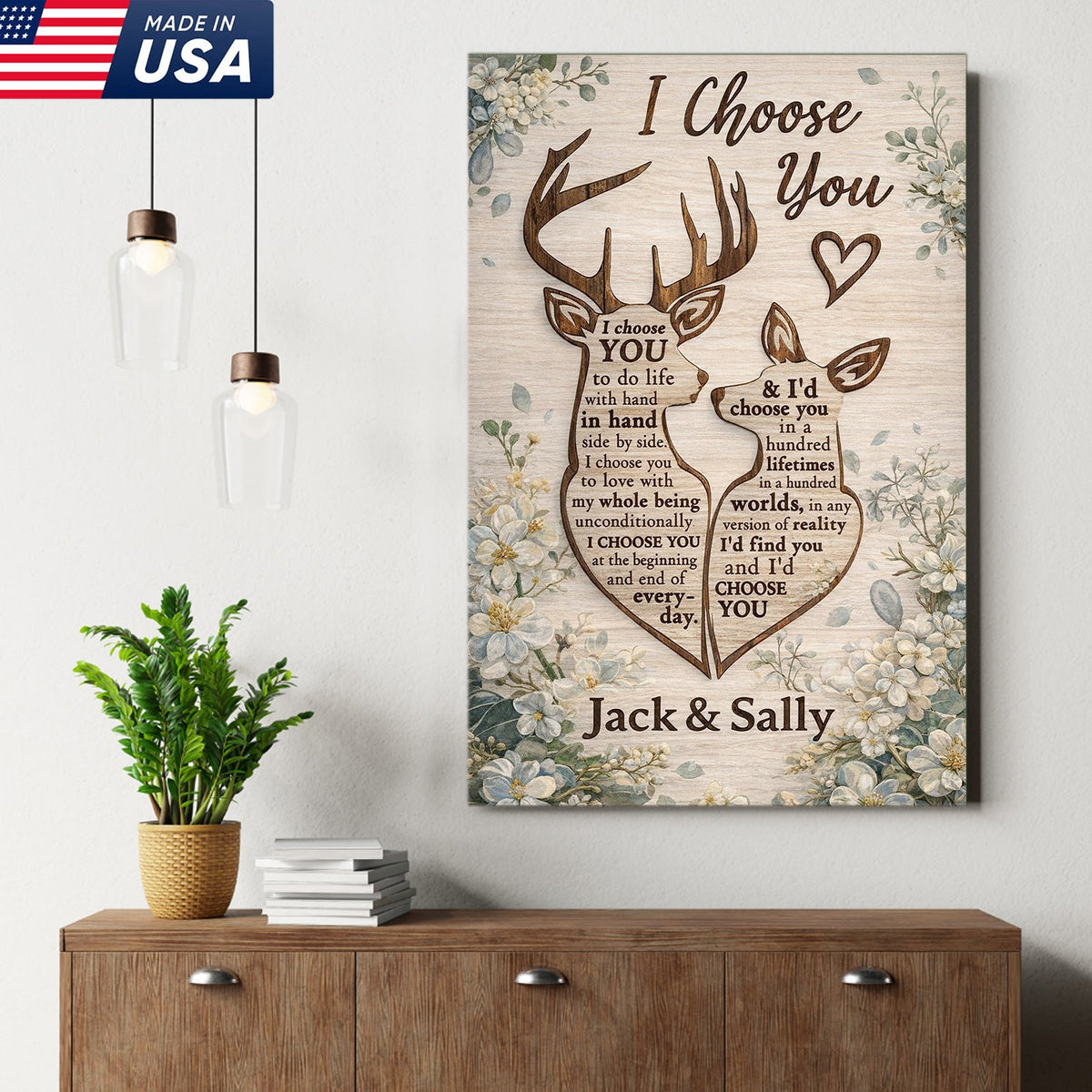 Personalized I Choose You Deer Canvas Wall Art, Custom Couple Love Quote Artwork