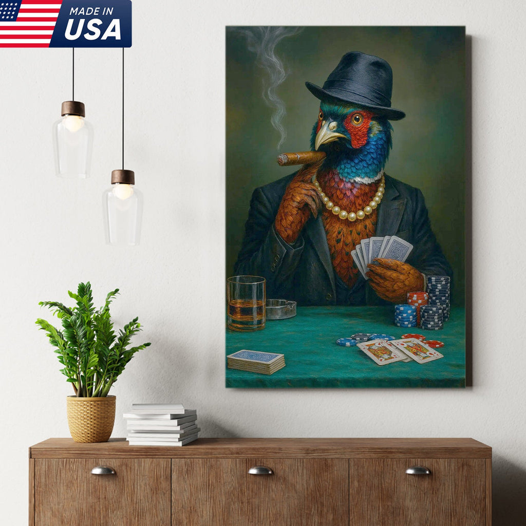 Funny Pheasant Poker Player Canvas Wall Art, Colorful Bird in Suit Casino Decor