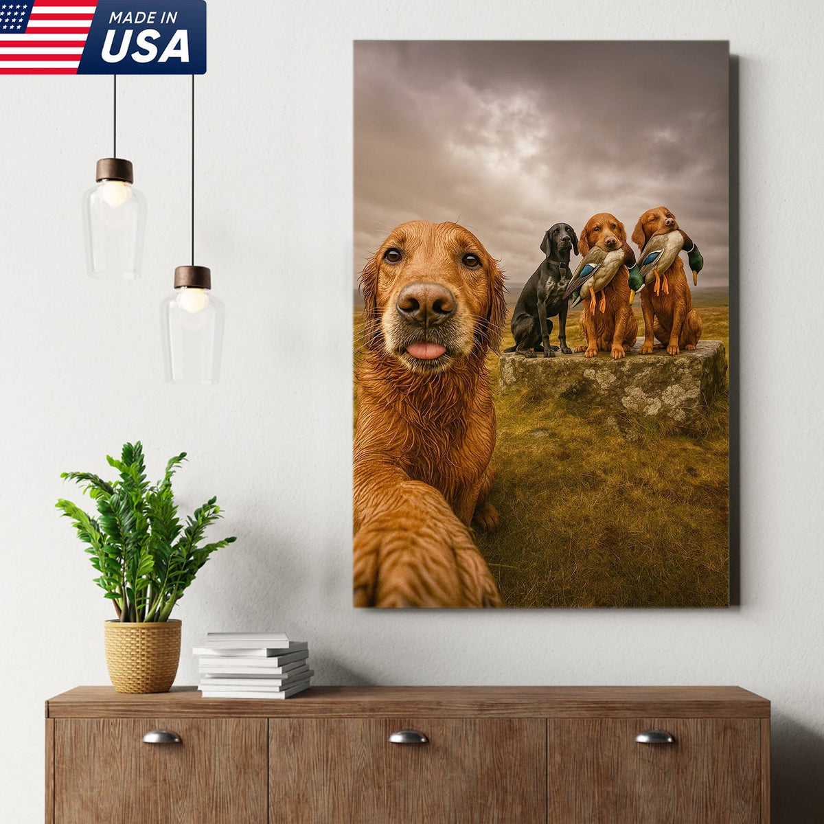 Hunting Dogs Selfie Canvas Art – Funny Retriever Group Photo with Ducks