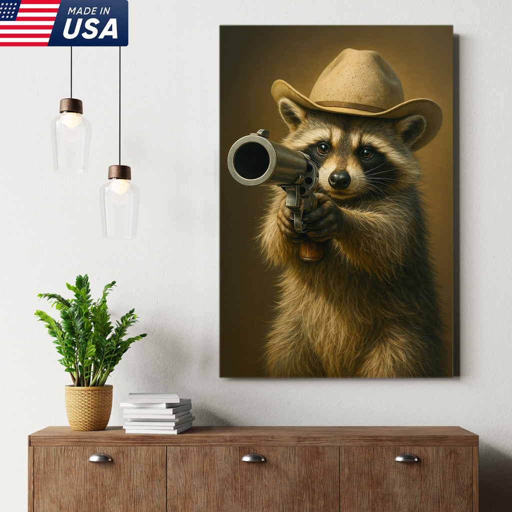 Cowboy Raccoon with Revolver Canvas Wall Art, Funny Western Critter Decor