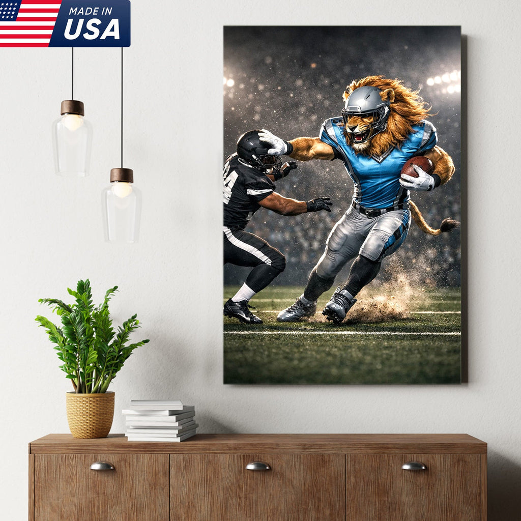 Fearless Lion Football Canvas Wall Art – Powerful Big Cat Athlete Stadium Action Print