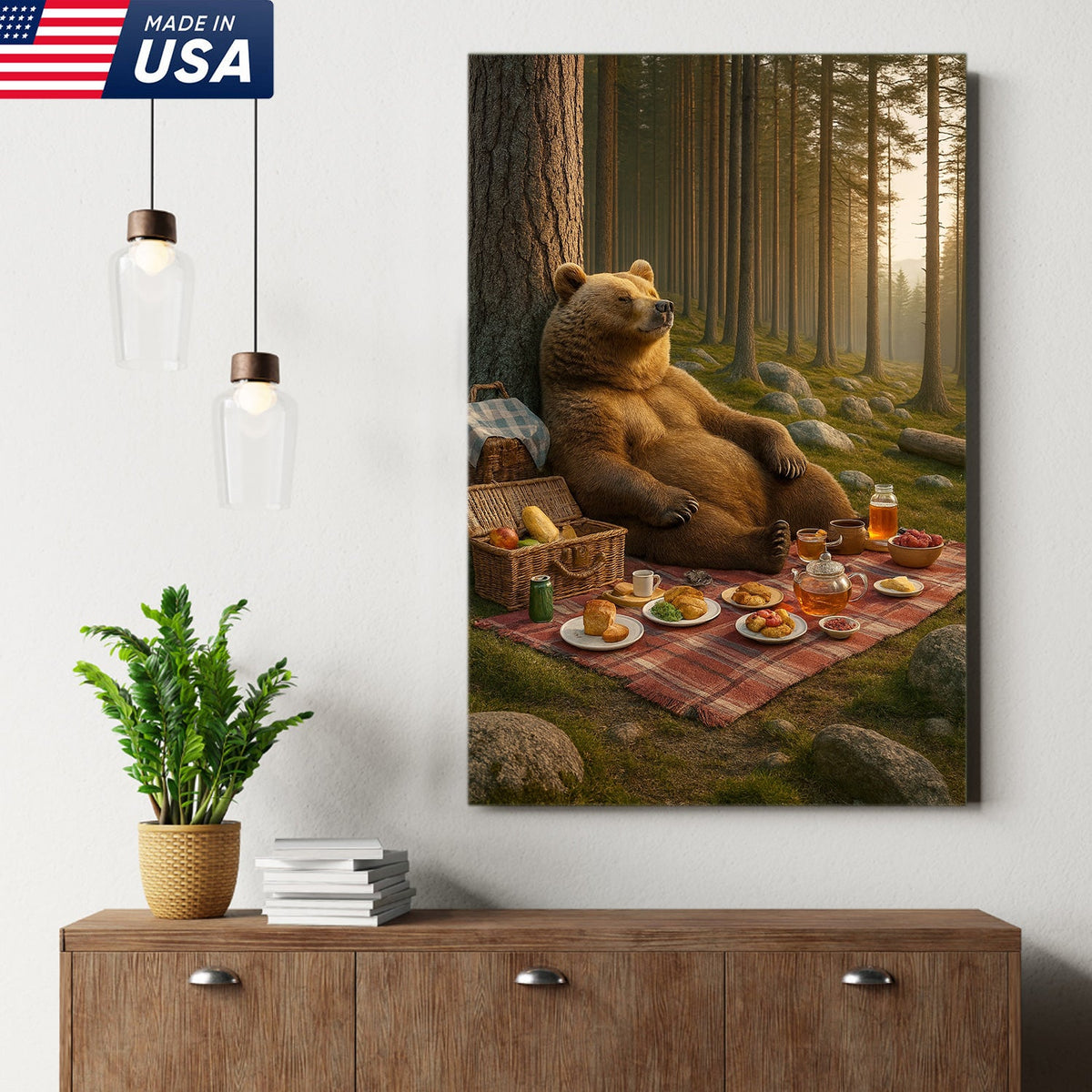 Bear Picnic Forest Wall Art Canvas – Relaxing Woodland Bear Canvas Print for Kitchen Cabin Decor