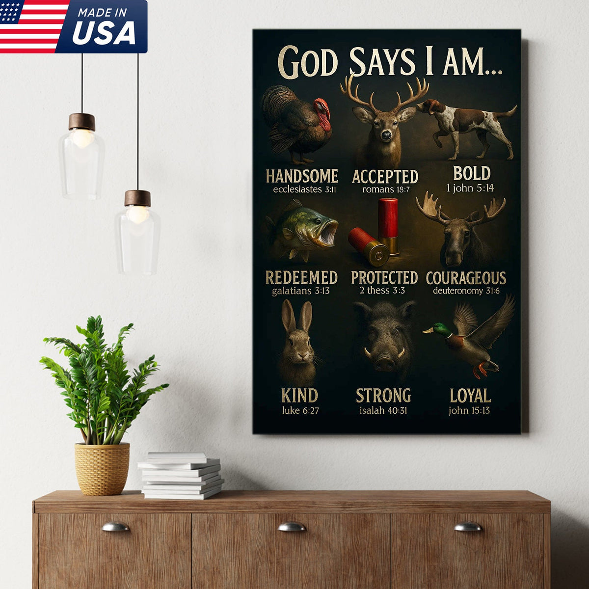 God Says I Am Hunting Canvas, Christian Wildlife Wall Art with Deer, Turkey, Duck, and Moose