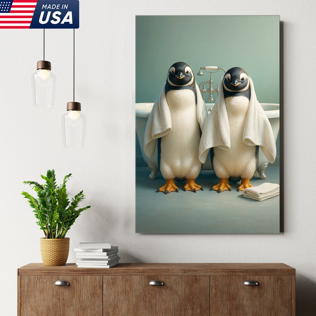 Cute Penguin Twins Bathroom Wall Art Canvas, Adorable Towel Penguins Kids Bath Decor