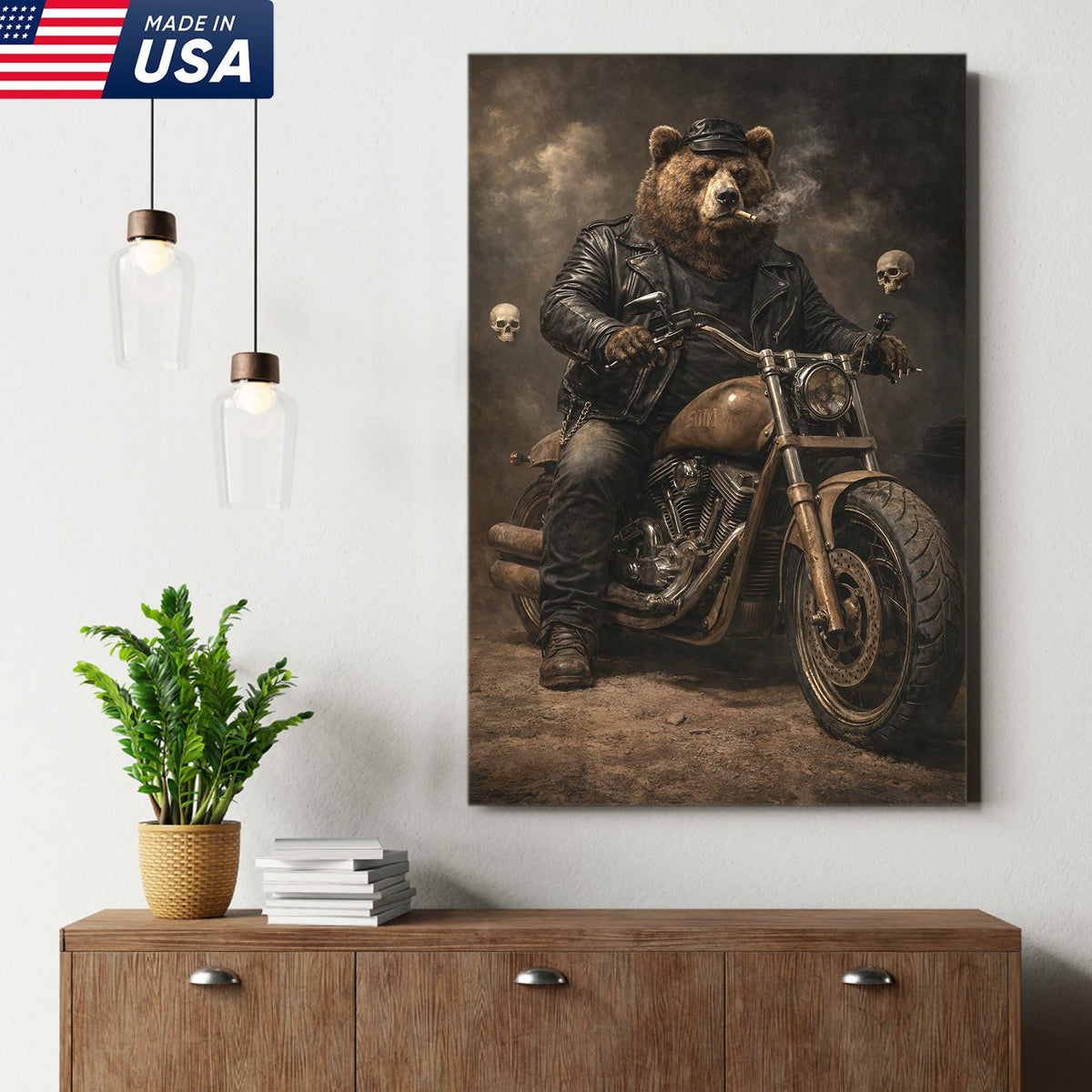 Bear Motorcycle Canvas Print Biker Animal Wall Art Man Cave Decor Gift