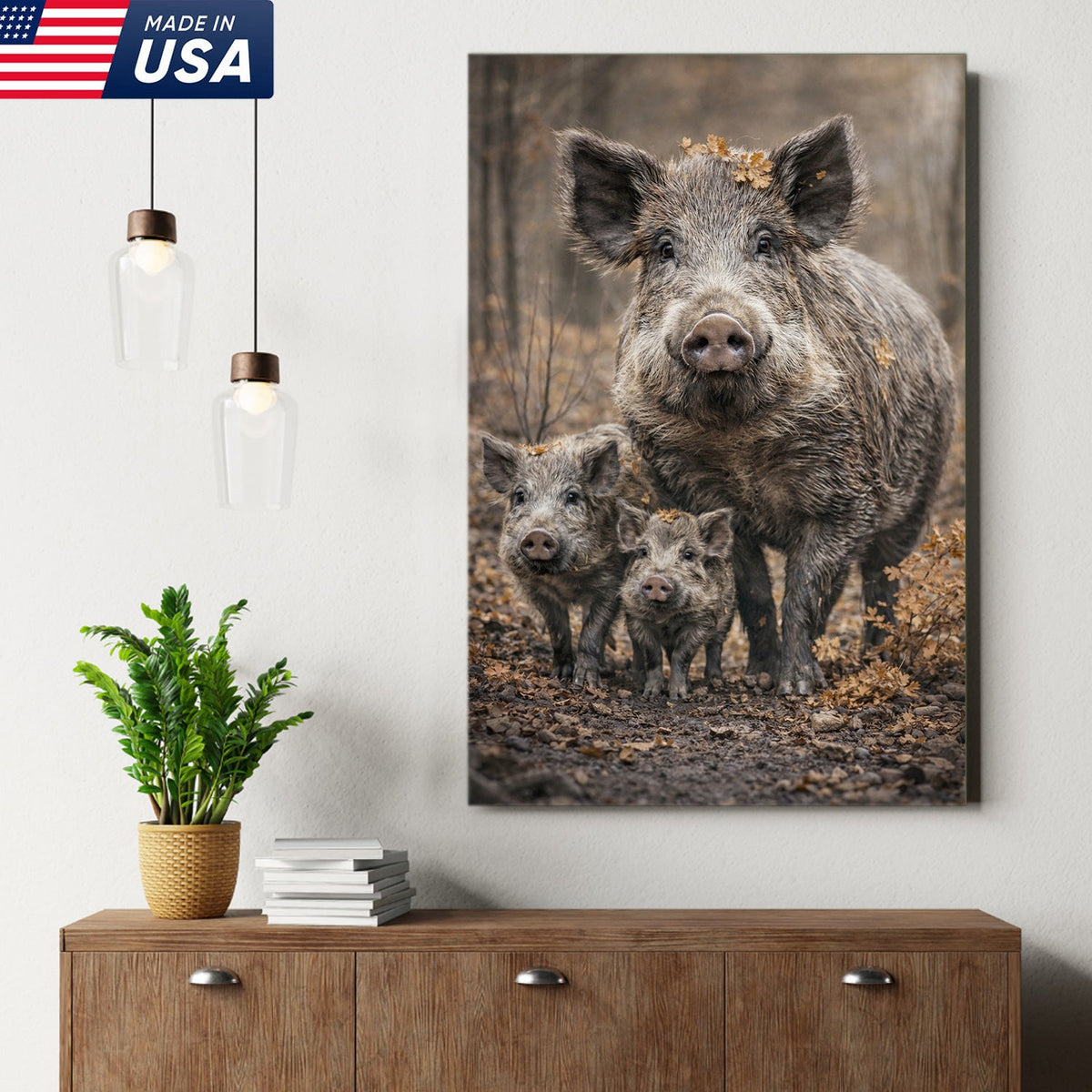 Wild Boar Family Canvas Wall Art – Rustic Forest Wildlife Animal Wall Decor
