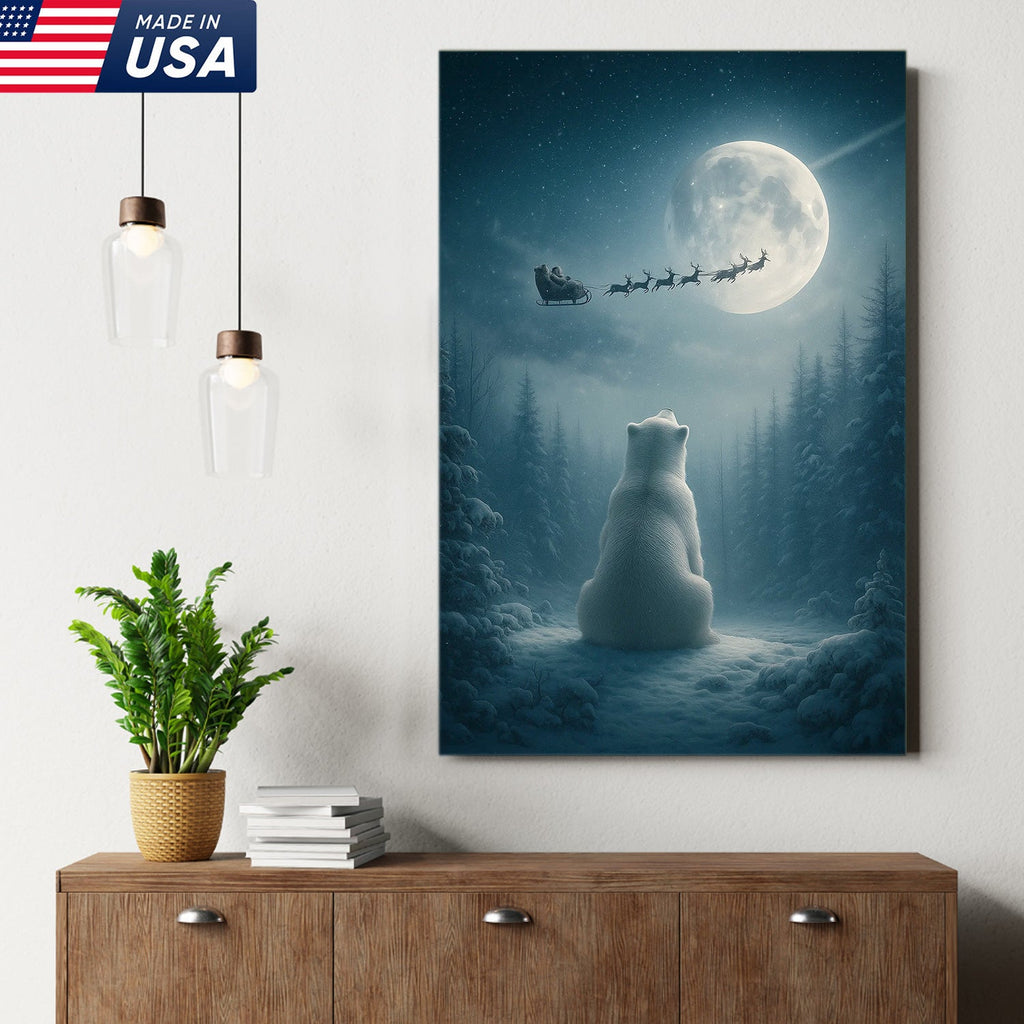 Christmas Polar Bear Santa Sleigh Wall Art Canvas, Winter Night Forest Moon Decor