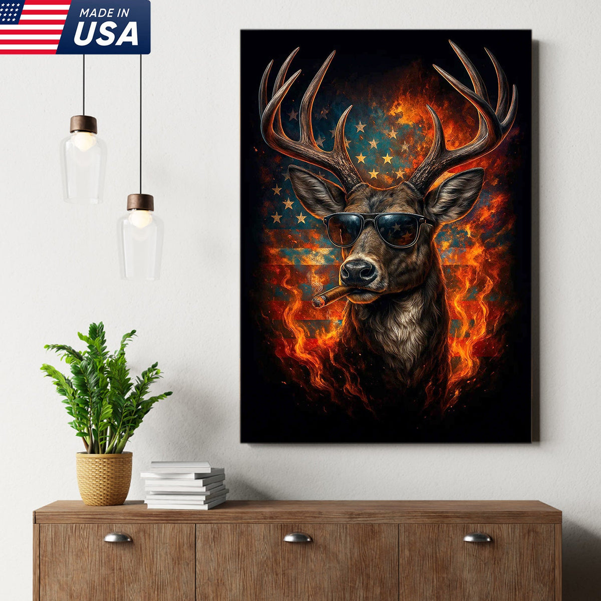 Patriotic Deer Wall Art Canvas – Cool Buck with Sunglasses and American Flag