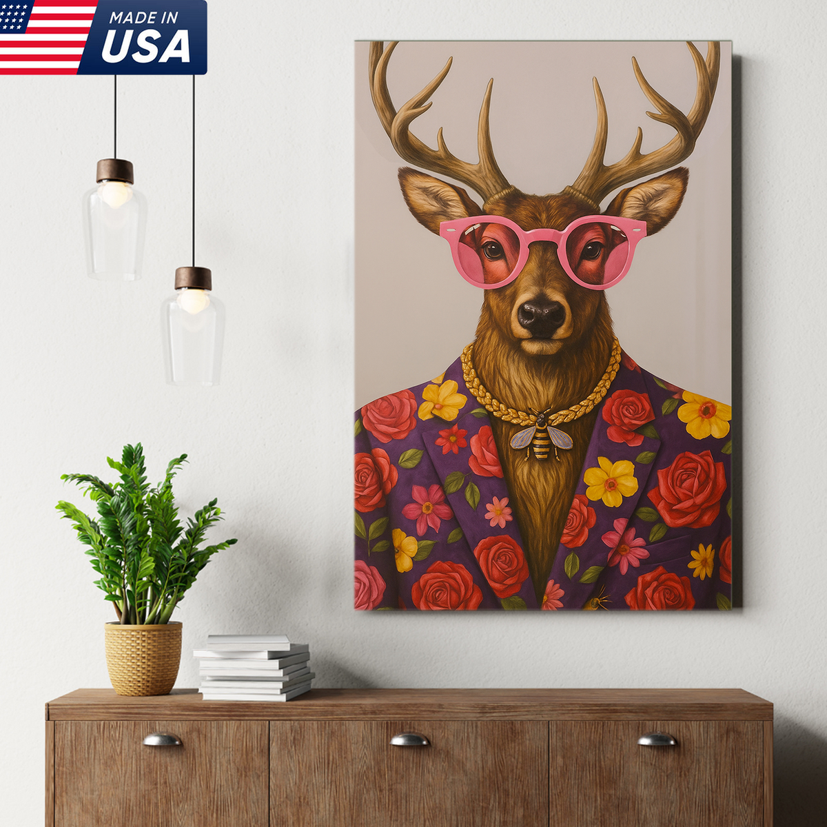 Funny Deer Wall Art Canvas – Stylish Hunter Canvas with Floral Suit & Sunglasses
