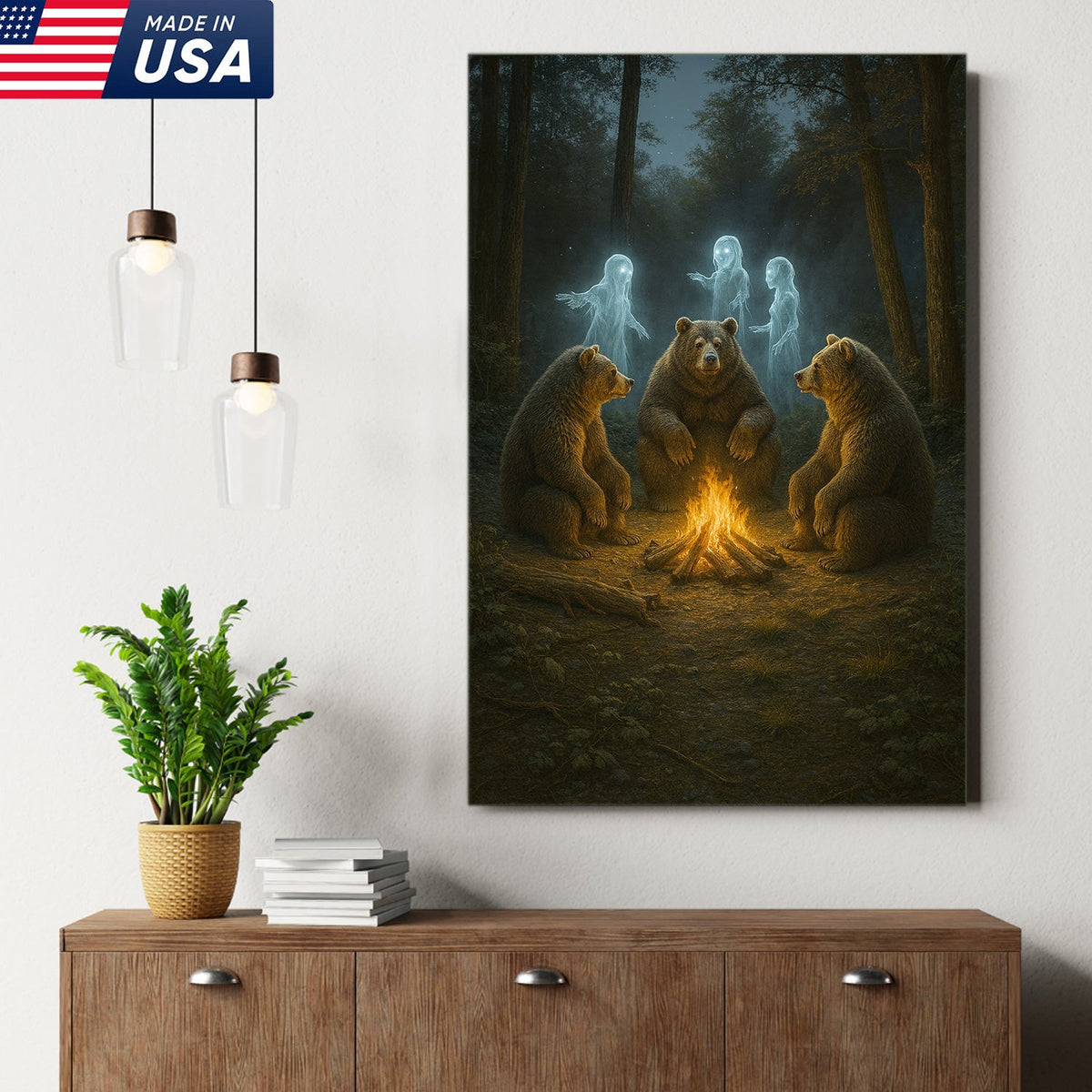 Ghost Bear Campfire Wall Art Canvas – Spooky Forest Spirit Canvas Print for Halloween Decor