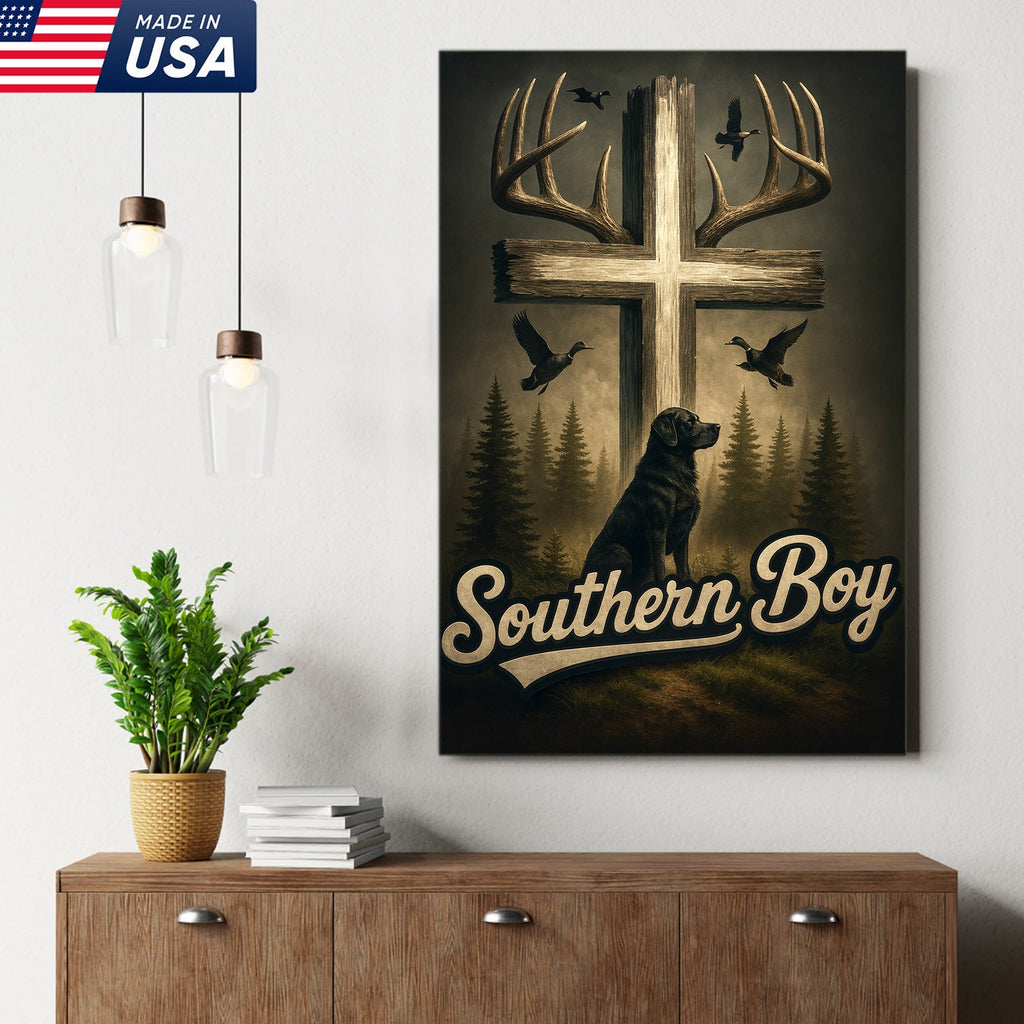 Southern Boy Canvas Wall Art, Deer Antler Cross with Labrador Retriever and Flying Ducks