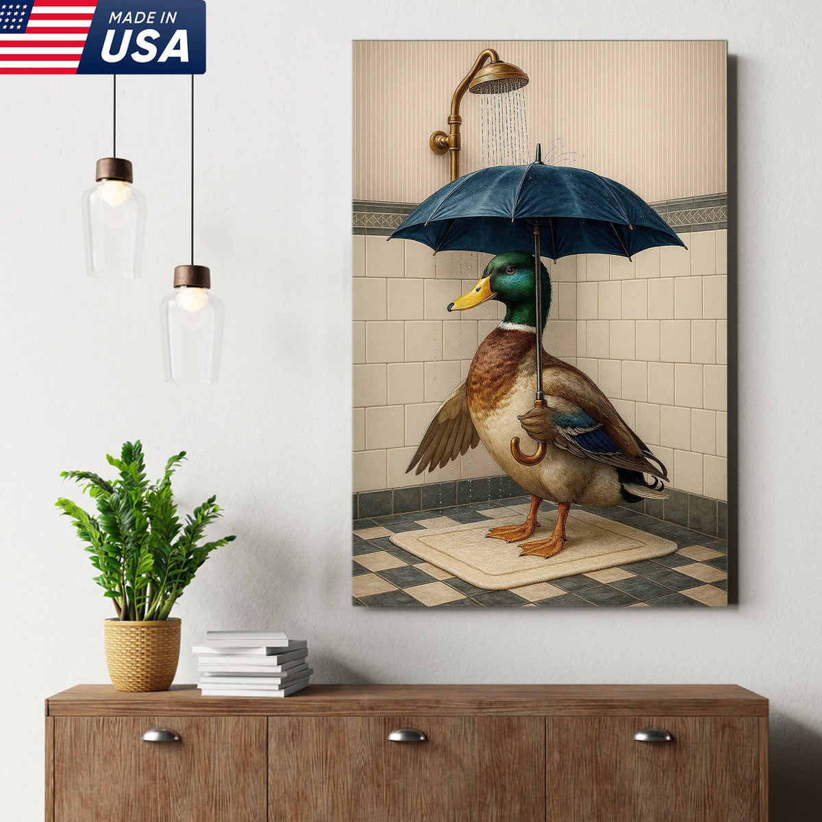 Duck with Umbrella in Shower Canvas Wall Art, Quirky Bathroom Wall Decor