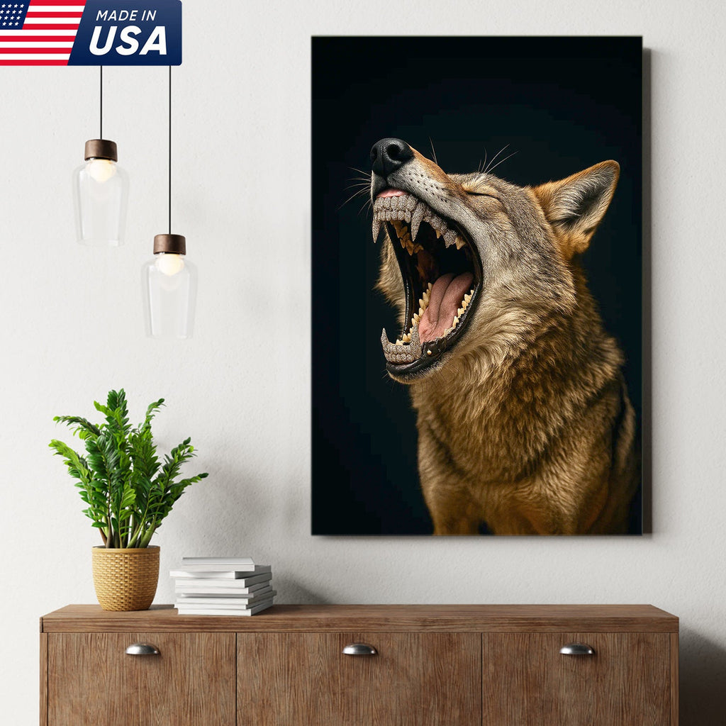 Roaring Wolf Canvas Wall Art, Fierce Animal Portrait Artwork, Rustic Wildlife Decor