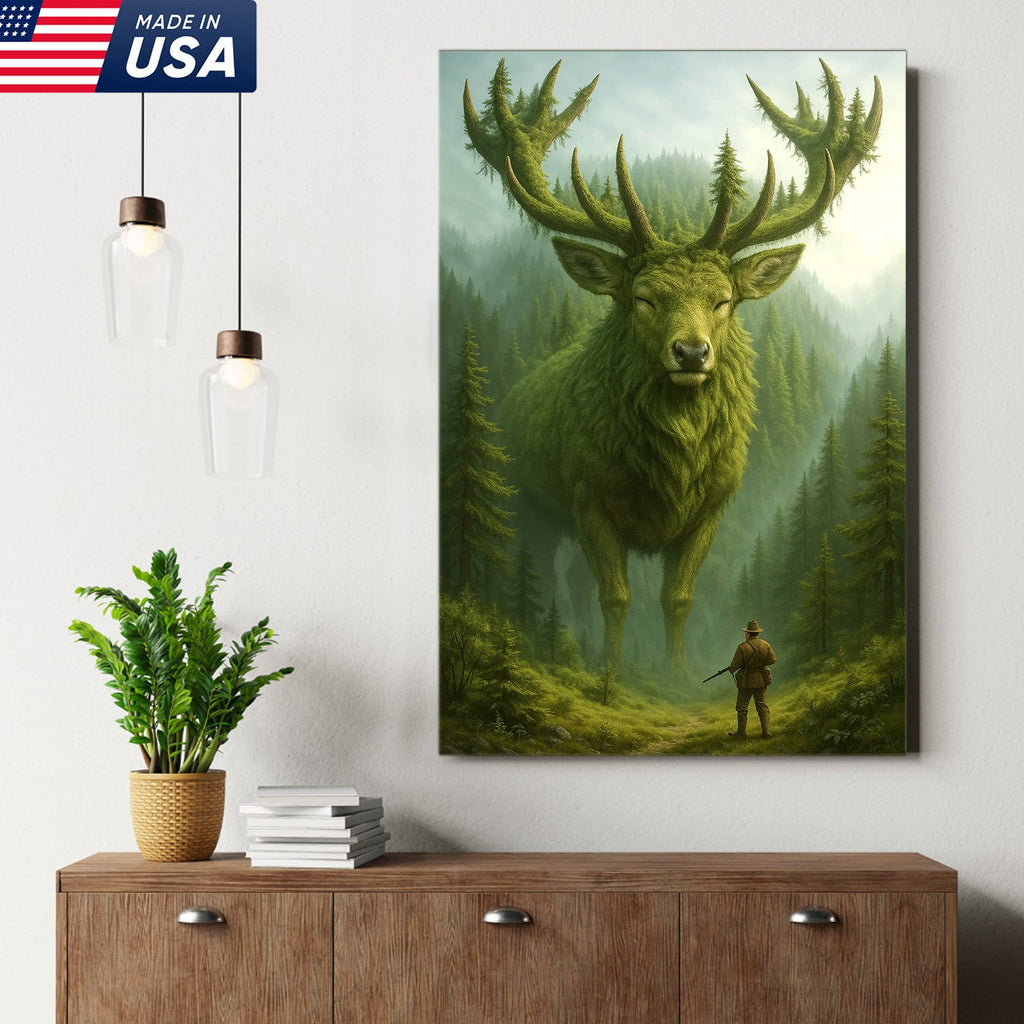 Forest Spirit Deer Wall Art Canvas, Giant Moss Elk with Hunter Fantasy Landscape