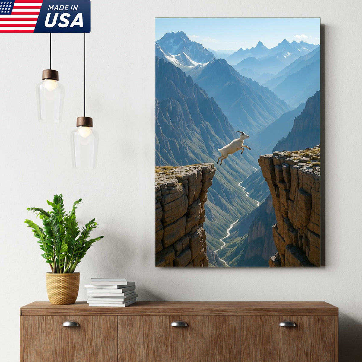 Mountain Goat Cliff Jump Canvas Wall Art, Alpine Canyon Landscape Print