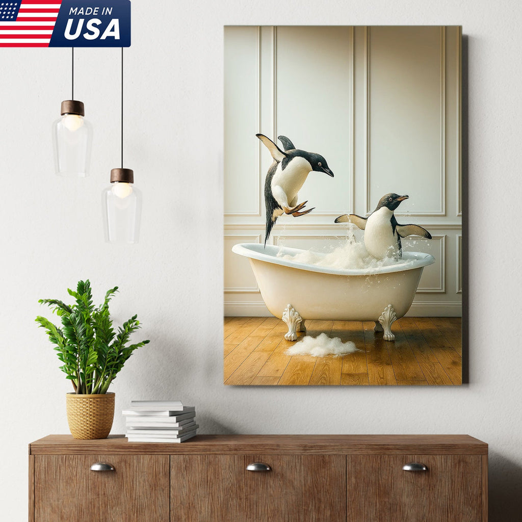 Playful Penguin Bubble Bath Wall Art Canvas, Jumping Penguins in Bathtub Bathroom Decor