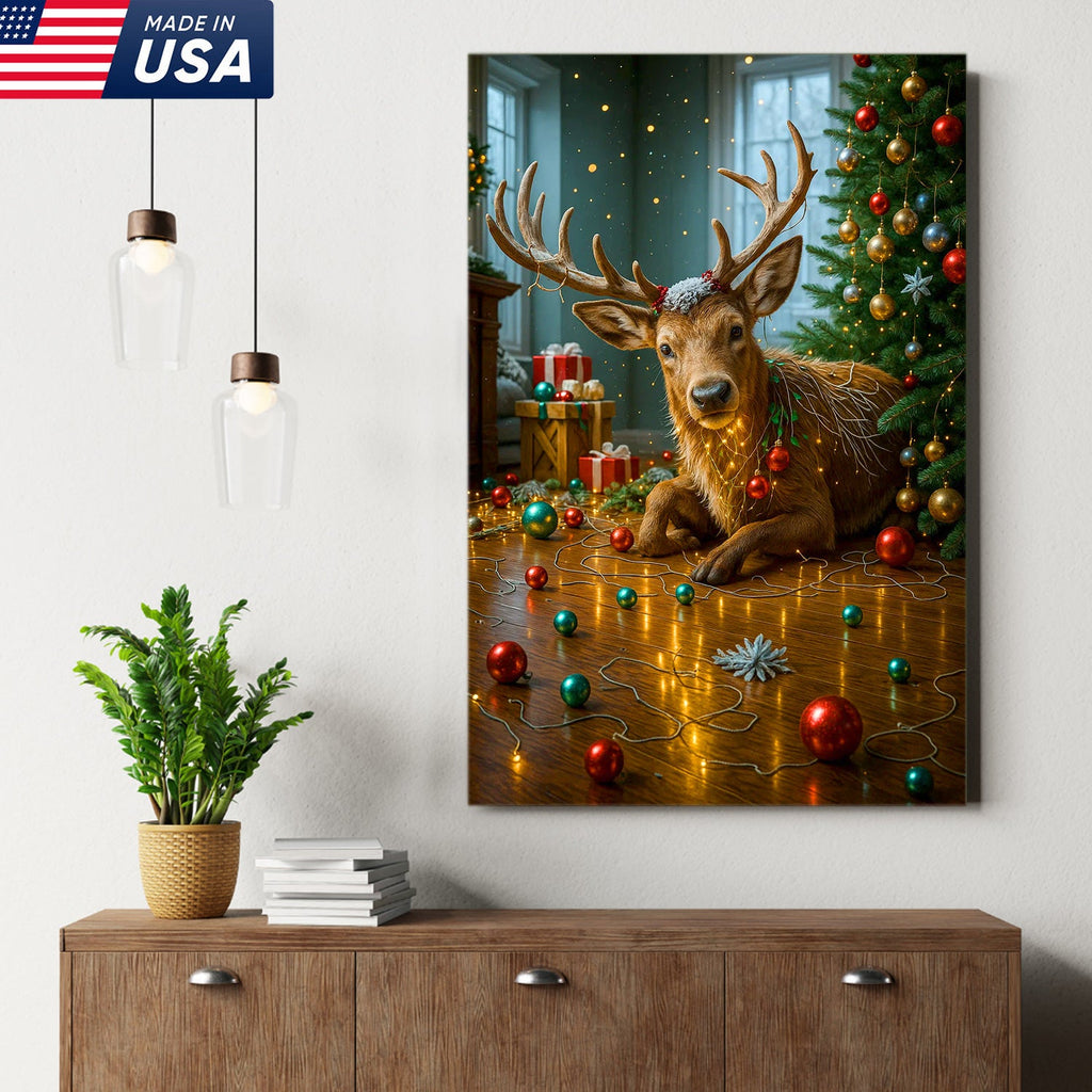 Christmas Reindeer Living Room Canvas Wall Art, Cute Deer With Christmas Tree and Ornaments