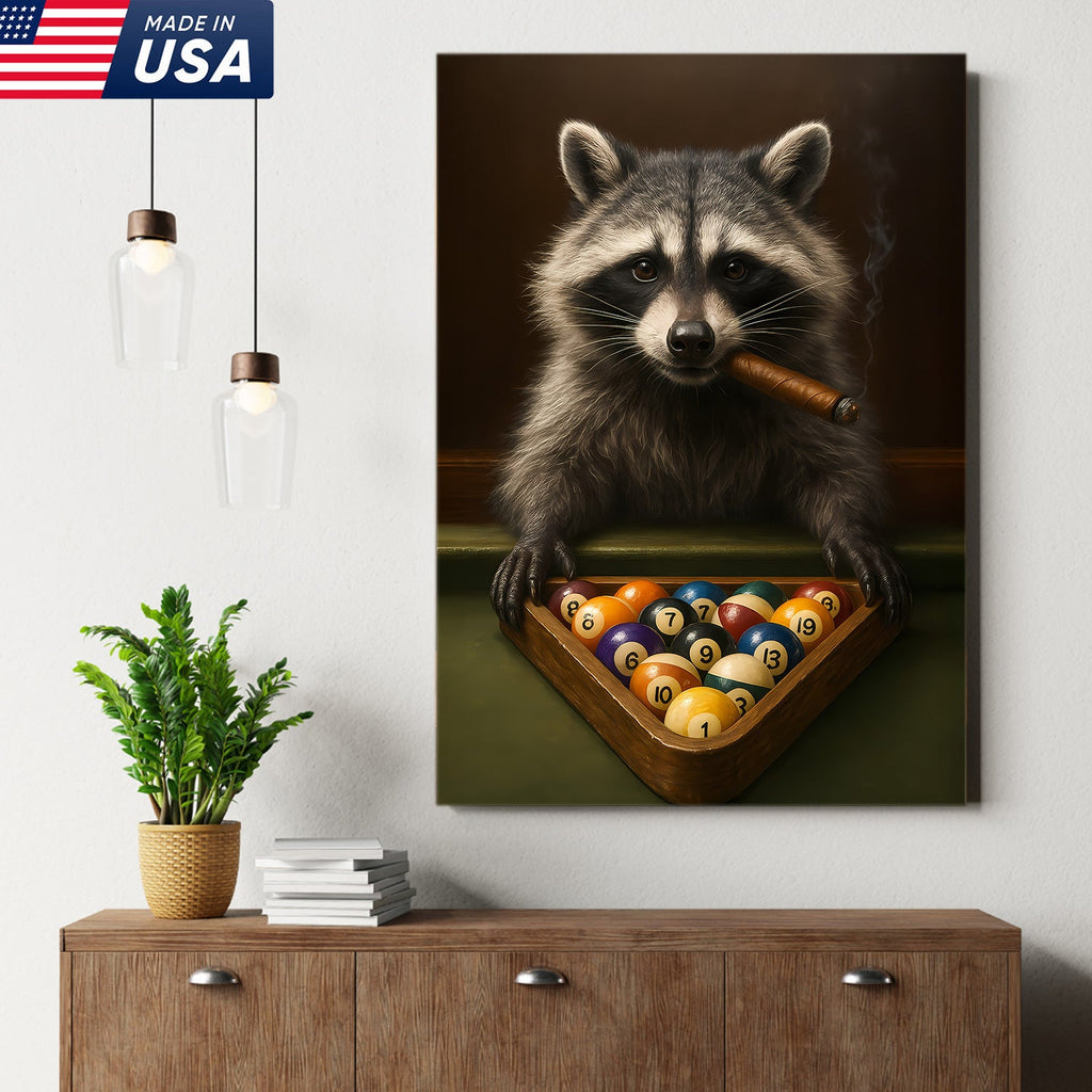 Funny Raccoon Pool Player Canvas – Perfect Gift for Billiards Lovers & Outdoors Men